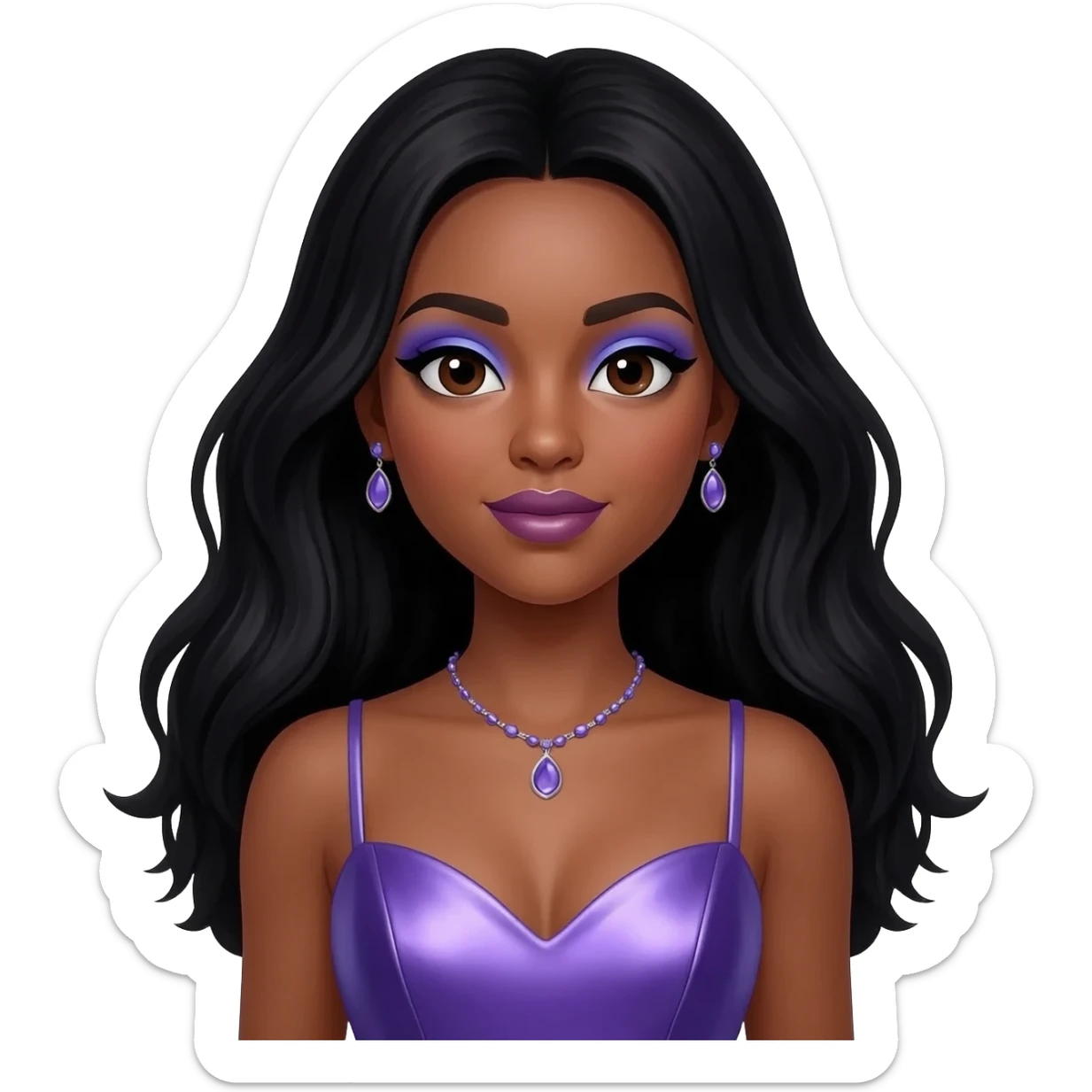 Solange with dark brown eyes, periwinkle eyeshadow and lipstick, long black hair, periwinkle metallic sweetheart dress, periwinkle necklace and earrings sticker