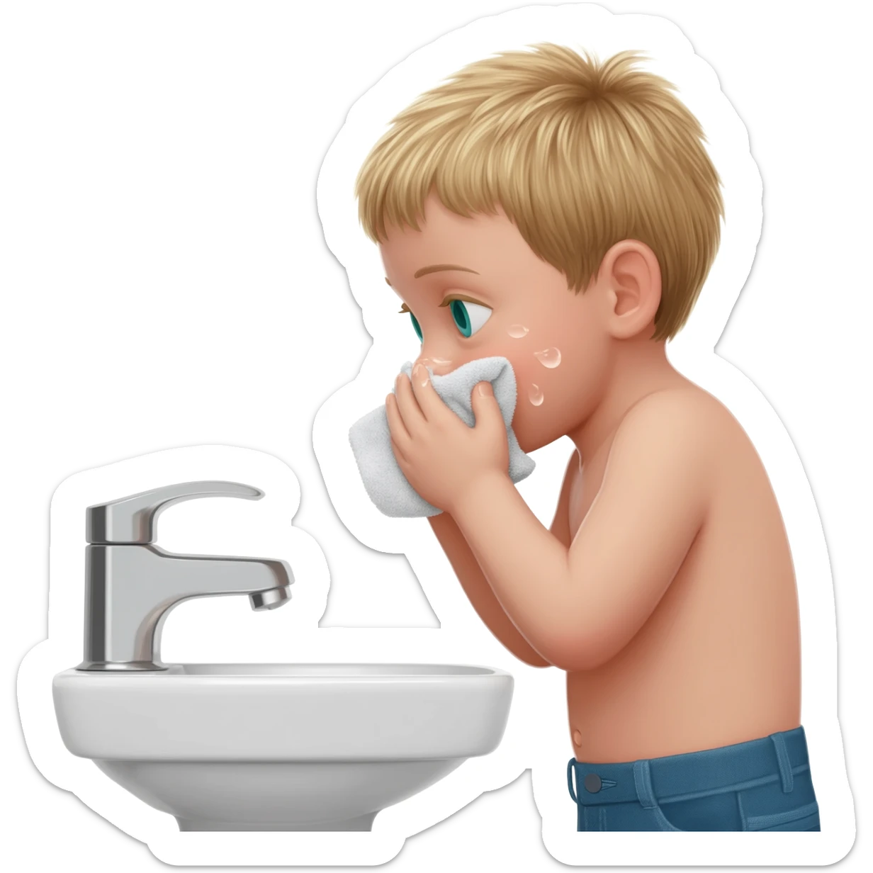 3 year old blonde boy with green-blueish eyes washing his face in the restroom sticker