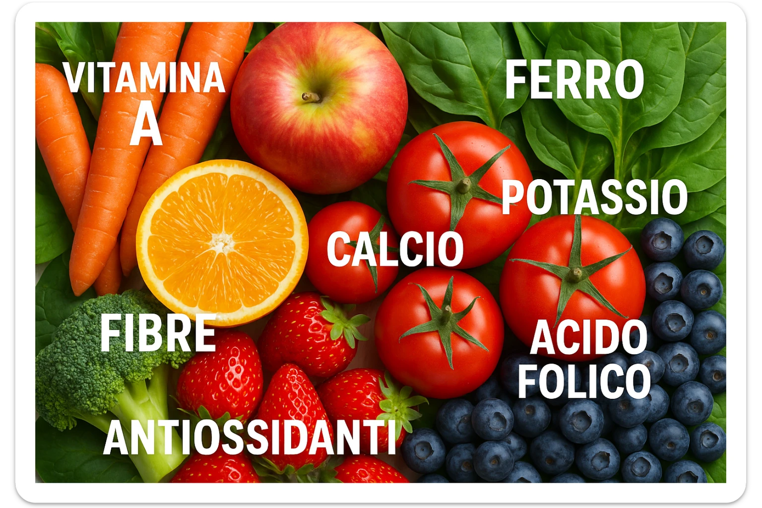 focus su frutta e verdura a tutto schermo e i micronutrienti in italiano contenuti in essa sticker
