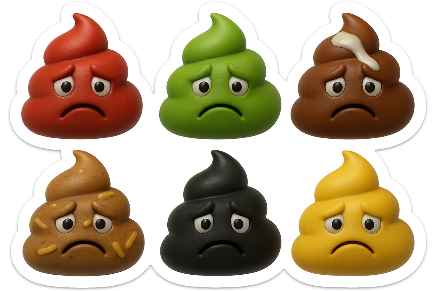 emoji stile iphone 3d di una cacca di colore rosso, una cacca di colore verde, una cacca di colore marrone con muco bianco visibile sopra,  una cacca di colore marrone con penne di pasta a pezzetti visibili all'interno di essa,  una cacca di colore nero e una cacca di colore giallo, tutte le cacche hanno un espressione triste, iperrealistiche 4k sticker