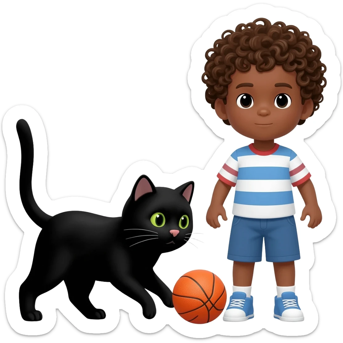 Black cat playing with orange basketball and a little boy with curly hair sticker