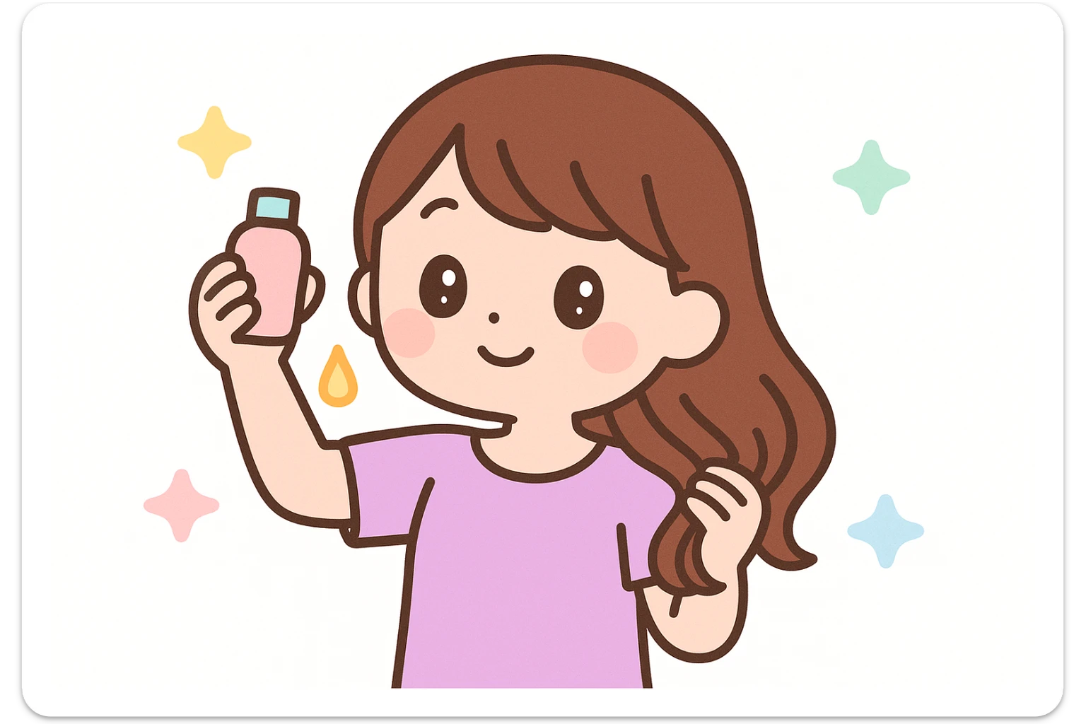 charming girl with shiny brown hair, carefully applying hair oil, relaxed and content, pastel color palette, kawaii style sticker