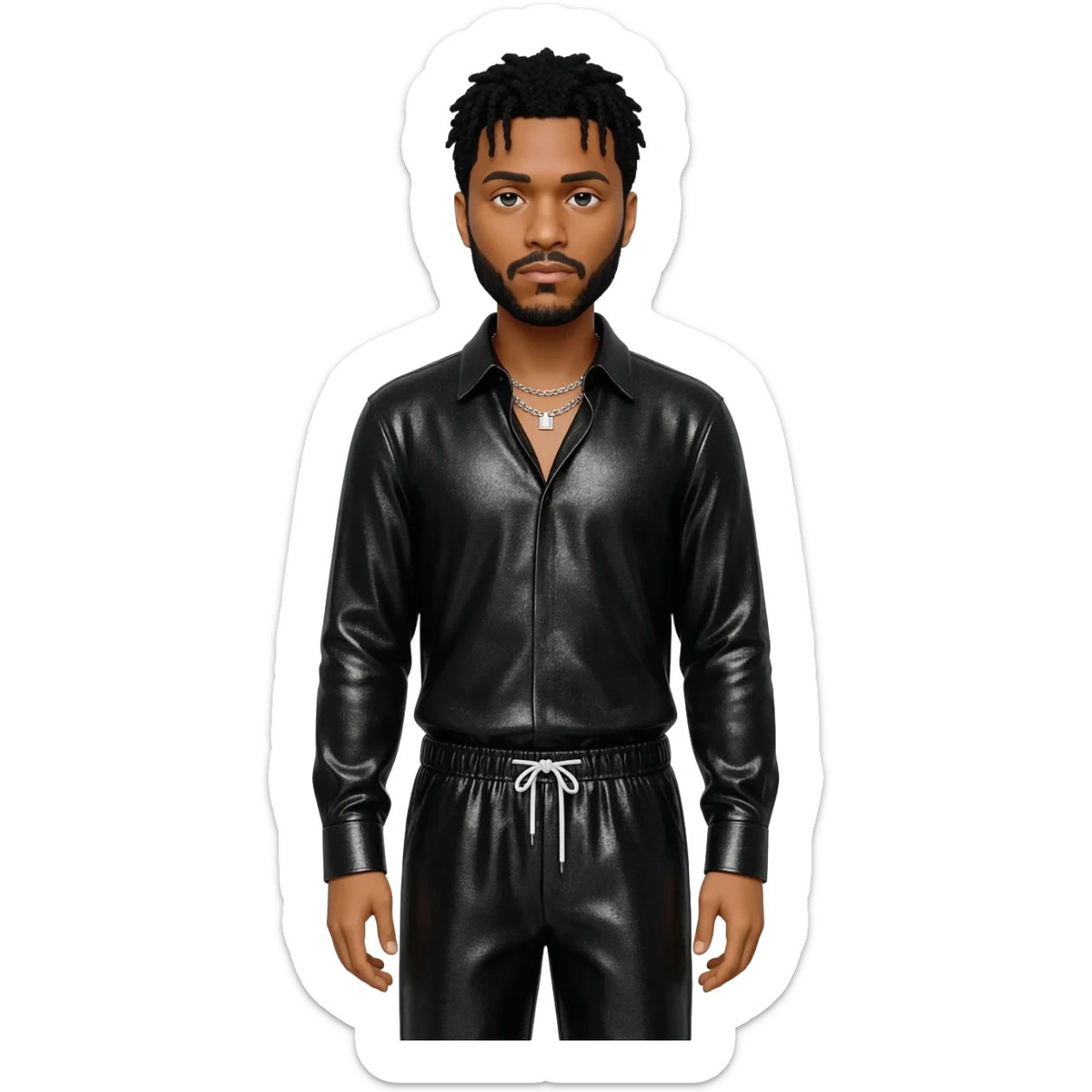 The Weeknd with black hair, black metallic shirt, black metallic baggy pants, silver necklace sticker