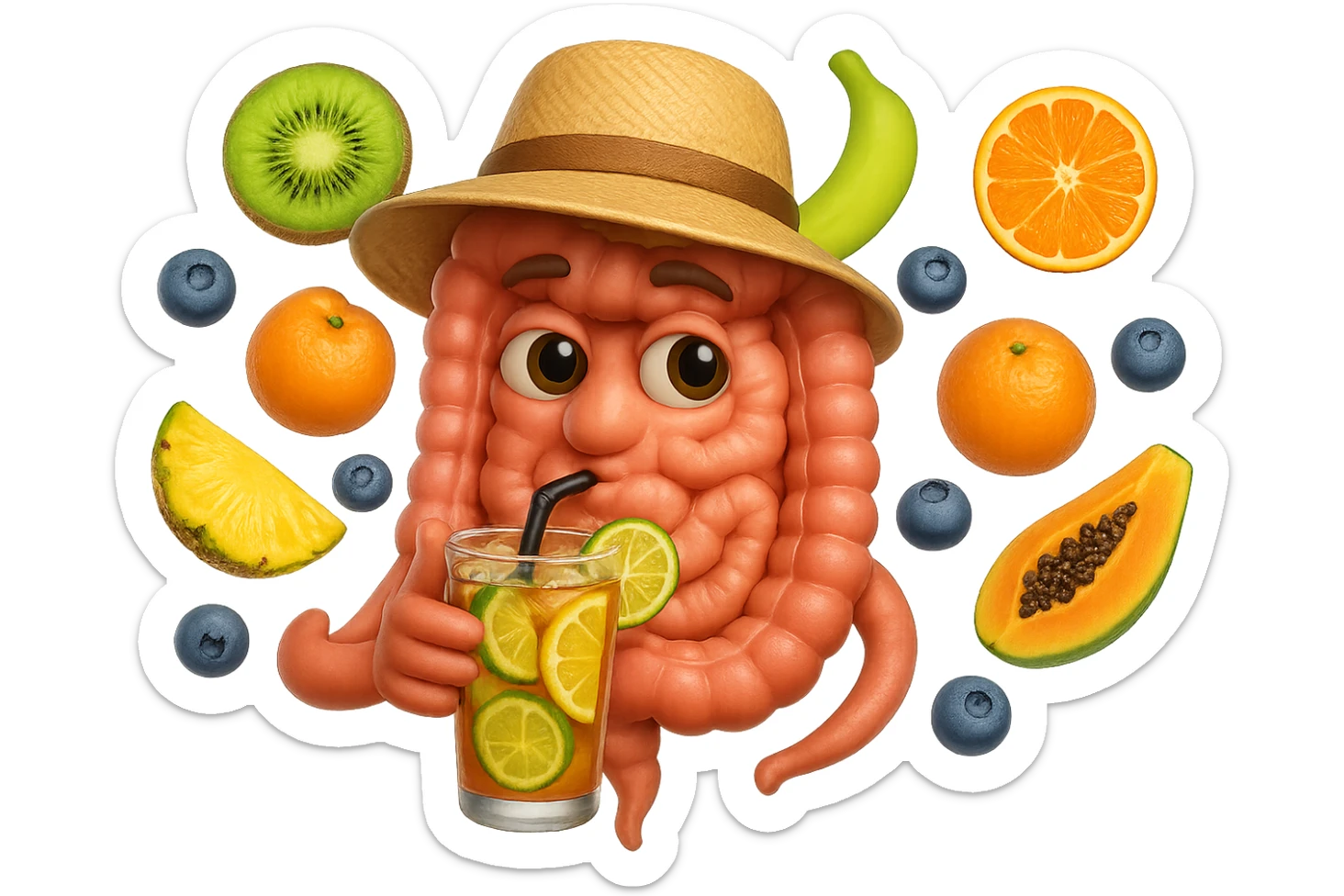 EMOJI STILE IPHONE DI INTESTINO UMANO REALISTICO CON CAPPELLO DI PAGLIA DA SPIAGGIA CHE BEVE UN Tè FREDDO IN BICCHIERE DI VETRO CON DENTRO  fette di cetriolo, limone, lime, DIETRO L'INTESTINO FLUTTUANO PEZZETTI DI Kiwi
Banana acerba
Arance e mandarini
Mirtilli
Ananas
Papaya
IPERREALISTICO 4K sticker