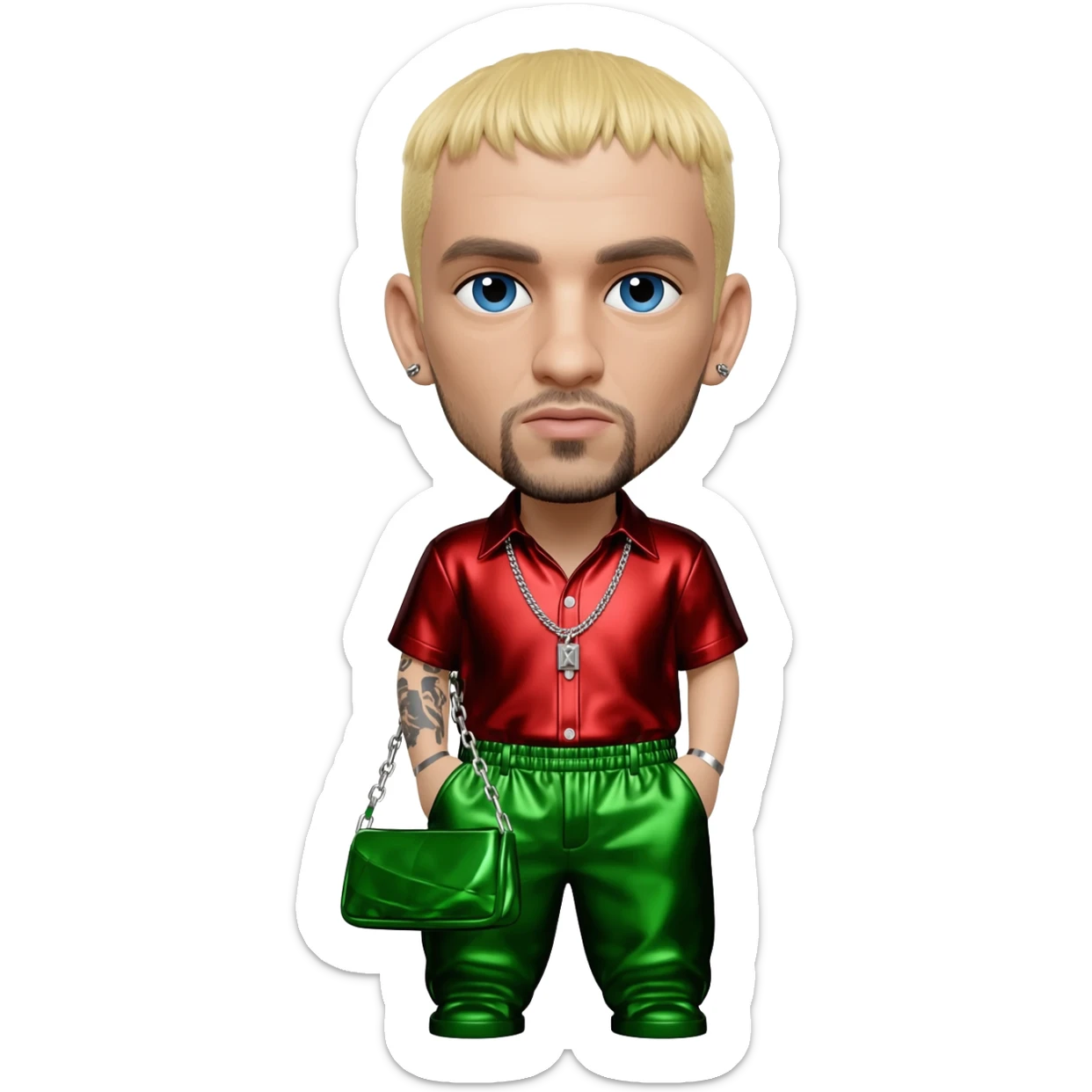 Eminem with blue eyes, blonde short hair, red metallic shirt, green metallic baggy pants, silver necklace sticker