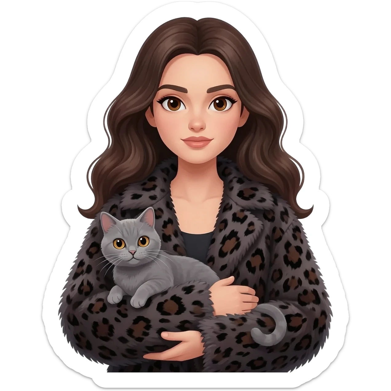 kitten grey colour inarms A stylish young woman with long, wavy dark brown hair and defined, expressive eyebrows. She has deep brown eyes with a calm, aesthetic gaze. She is wearing a chic, oversized dark leopard-print faux fur coat.modern, high-fashion, and slightly mysterious vibe.8k resolution. sticker