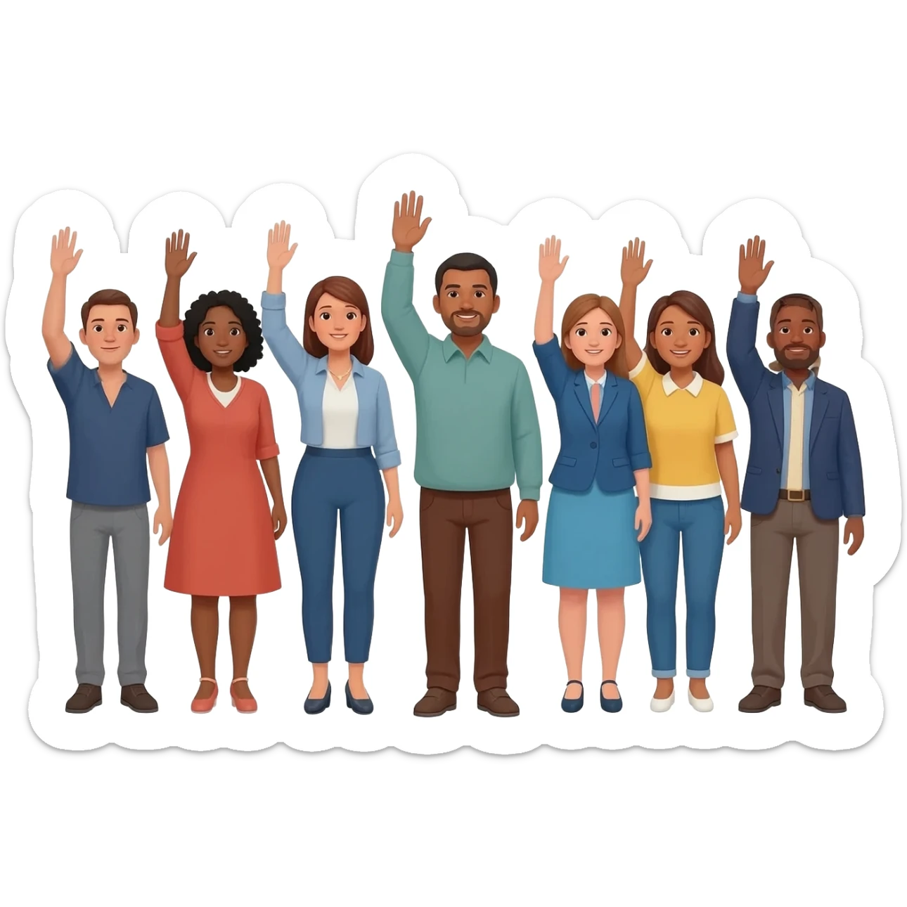 personas de diferentes razas levantando la mano derecha como pidiendo su turno, algo como este: 🙋 sticker