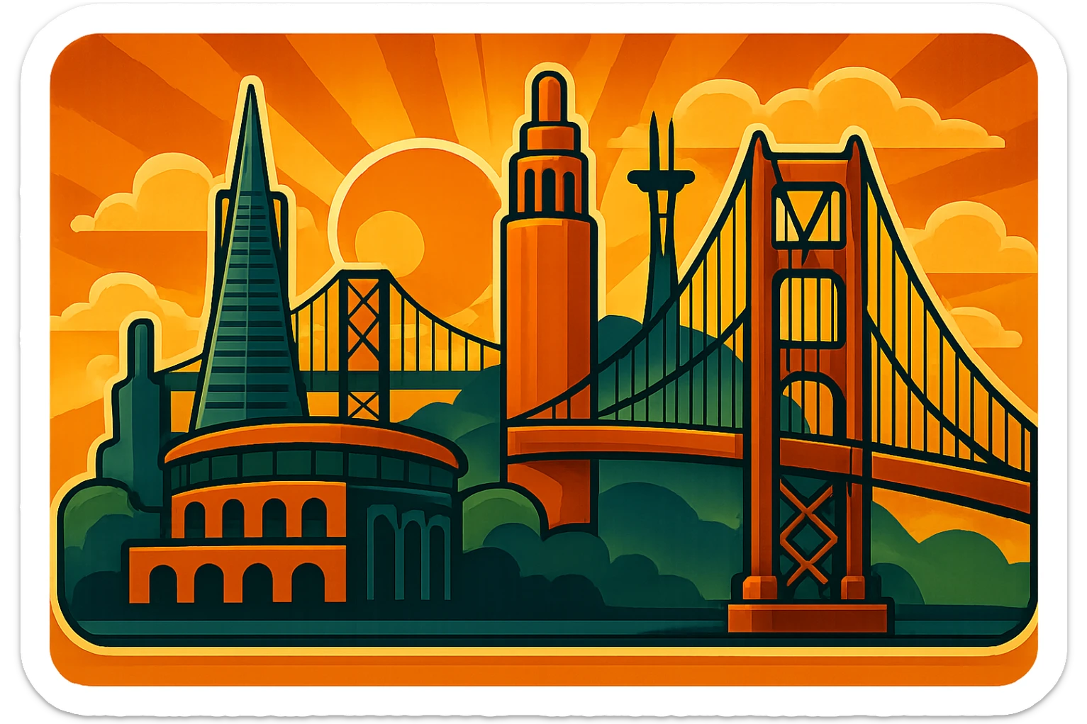 Expand the retro art deco Bay Area logo to fill the entire 3.5:1 view. Add a stylized sky with an art deco sunburst, clouds, and a vintage background. Maintain the same color palette and retro stickers style. Ensure the entire scene is fully filled with no empty space, preserving the vintage and art deco aesthetic. sticker
