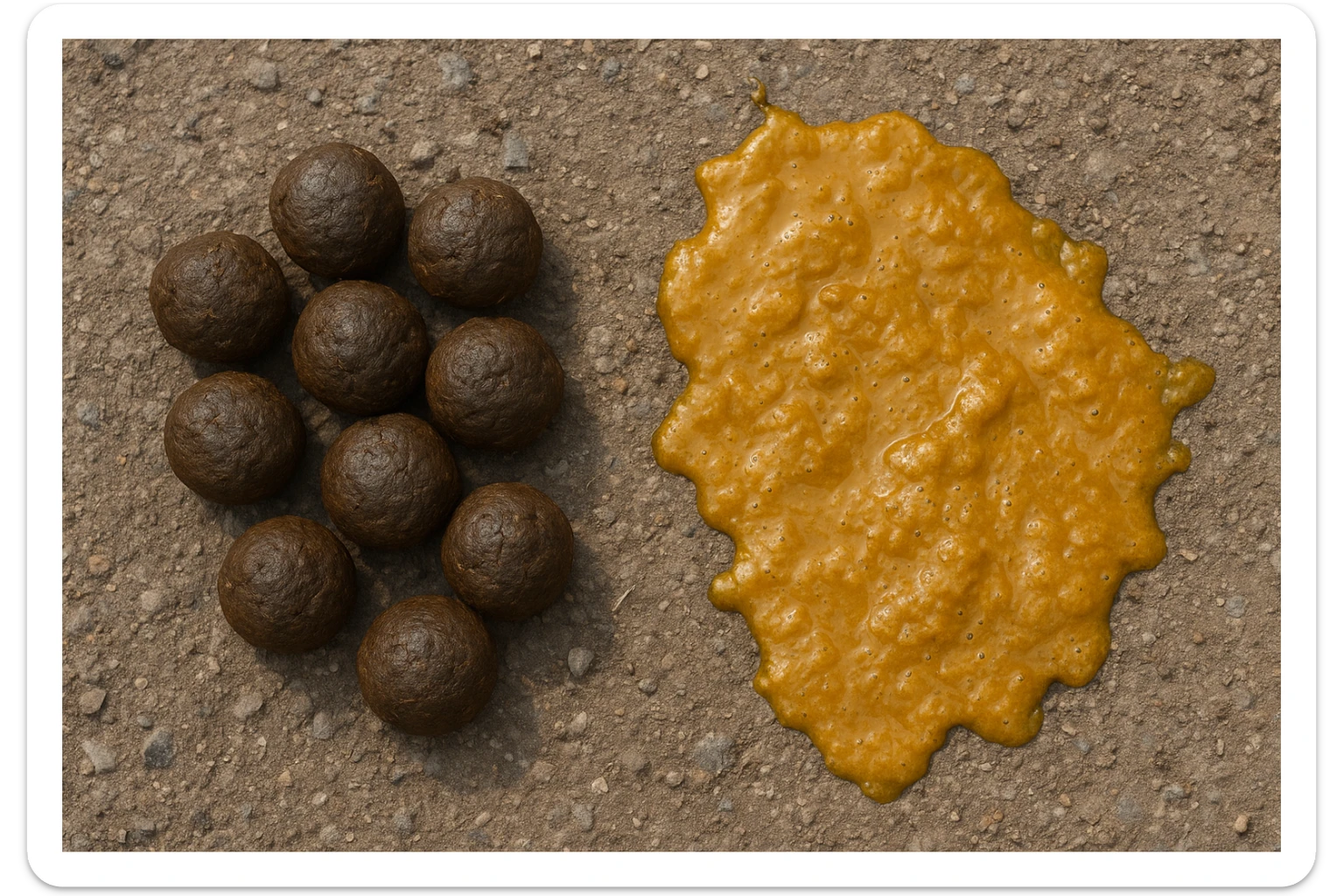 feci di animale a palline viste dall'alto e feci di animale liquide e gialline viste dall'alto, iperrealistico 4k sticker