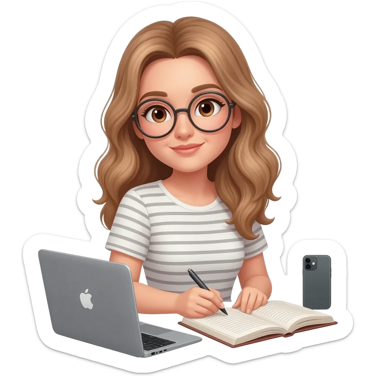 detailed emoji illustration of a woman with long light brown wavy hair and light brown eyes wearing round glasses, writing her book on a MacBook, with an iPad and an iPhone next to her, focused writing atmosphere, emoji style sticker