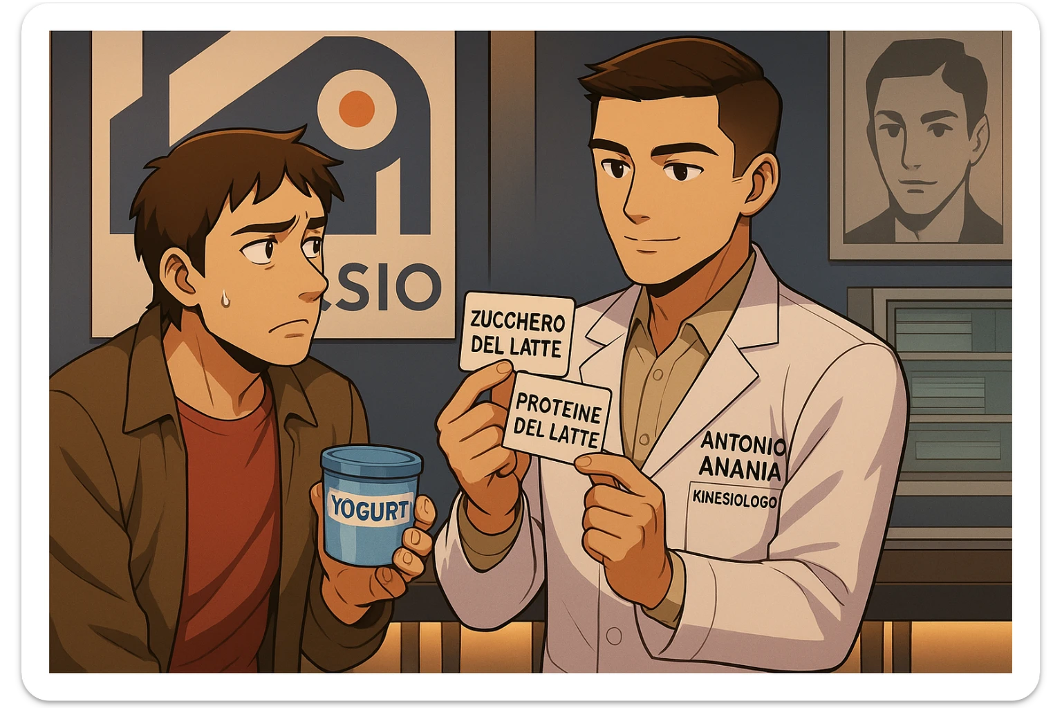 fai un webtoon manga a colori con questo stile, in cui un uomo ASCOLTA Il kinesiologo con il camice bianco (fagli anche la scritta "ANTONIO ANANIA" SUL CAMICE, IL KINESIOLOGO SPIEGA ALL'UOMO UNA COSA TENENDO DUE FOGLIETTINI IN MANO, UNO CON LA SCRITTA "ZUCCHERO DEL LATTE" E UNA CON LA SCRITTA "PROTEINE DEL LATTE". L'UOMO OSSERVA LO YOGURT CHE HA IN MANO CON ESPRESSIONE DUBBIOSA IN VOLTO. non fare i fumetti però, fai solo in modo che sembri stiano parlando sticker