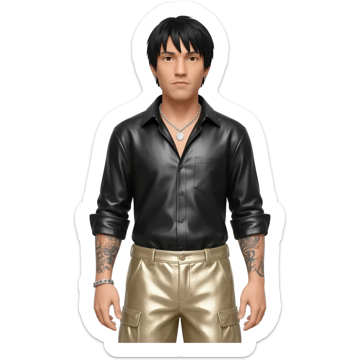 Chino Moreno with black hair, black metallic shirt, beige metallic baggy pants, silver necklace sticker