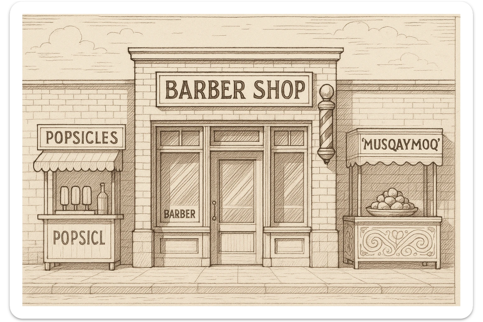 brohouse sartarosh xonasini chizib ber tashqaridan va uning yonida yupi va musqaymoq sotadigan lavkalar bulsin sticker