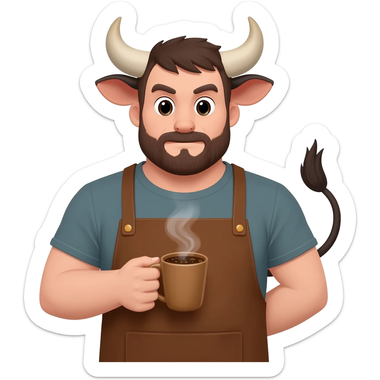 buff man with fat ass with bull ears and cow tail dressed like barista in brown apron with coffie in his hand sticker