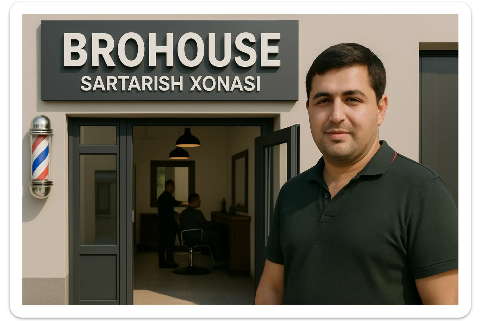 eni shu rasimga manashu odamga uxhshasin sartaosh eshik oldida tursin va tashqarida esa mijoz rasm esa 16 ga 9 bulsin 1920x1080 sticker