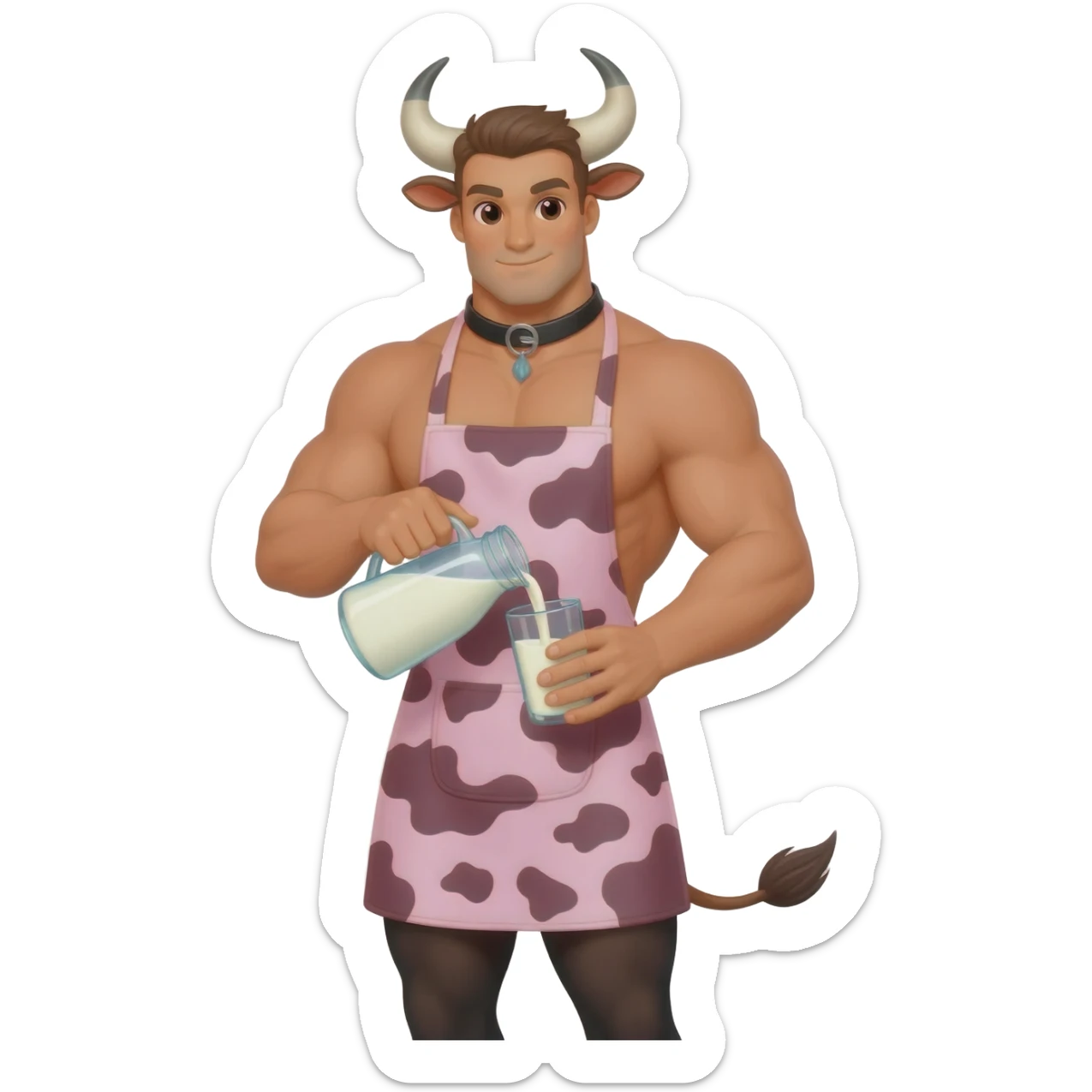 extra large muscular handsome man in the collar with bull horns and and bull ears bull tail in black stokings dressed in cute apron with pink cow print pouring milk from a glass sticker