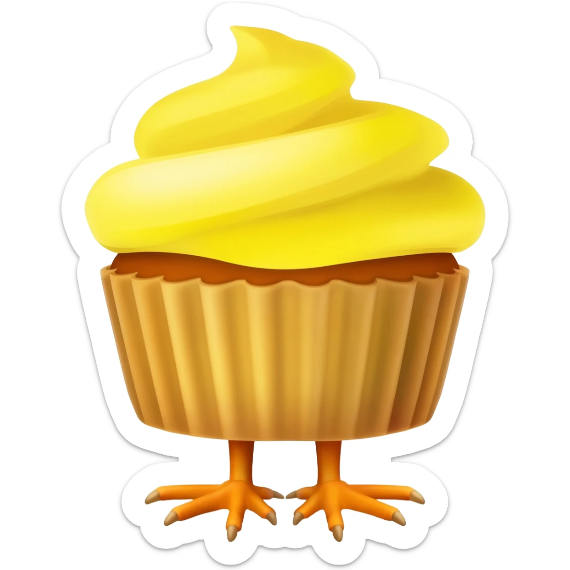 yelow chicken similar in appearance to the apple emoji, but inside a cupcake form and with baby  yellow frosting on its head, make th emoji standing like this one 🐣 sticker