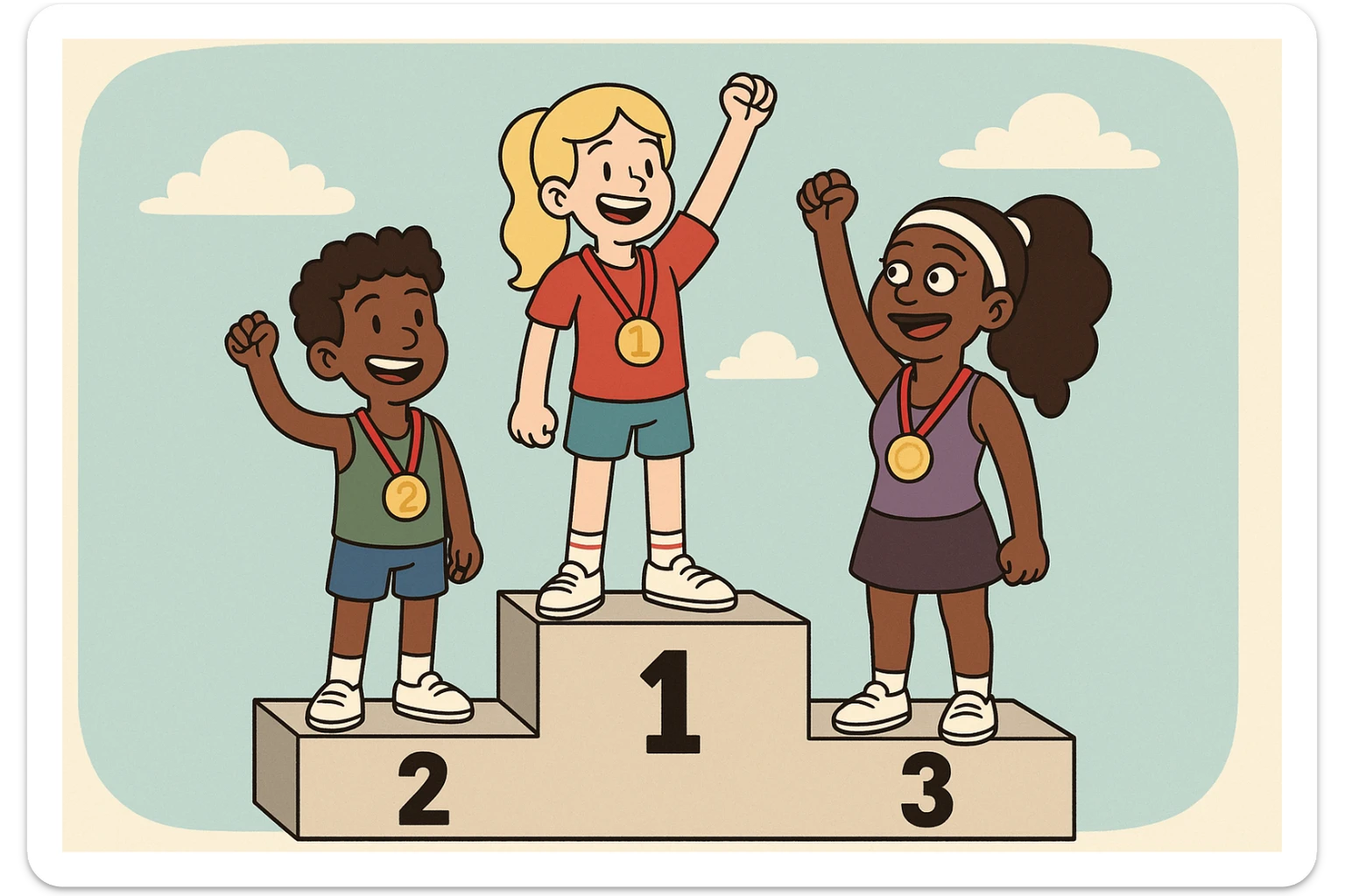 winners podium girl yellow hair Olympic Gold Medal a boy brown skin black Classic Curl hair Olympic Gold Medal Serena Williams Olympic Gold Medal  sticker