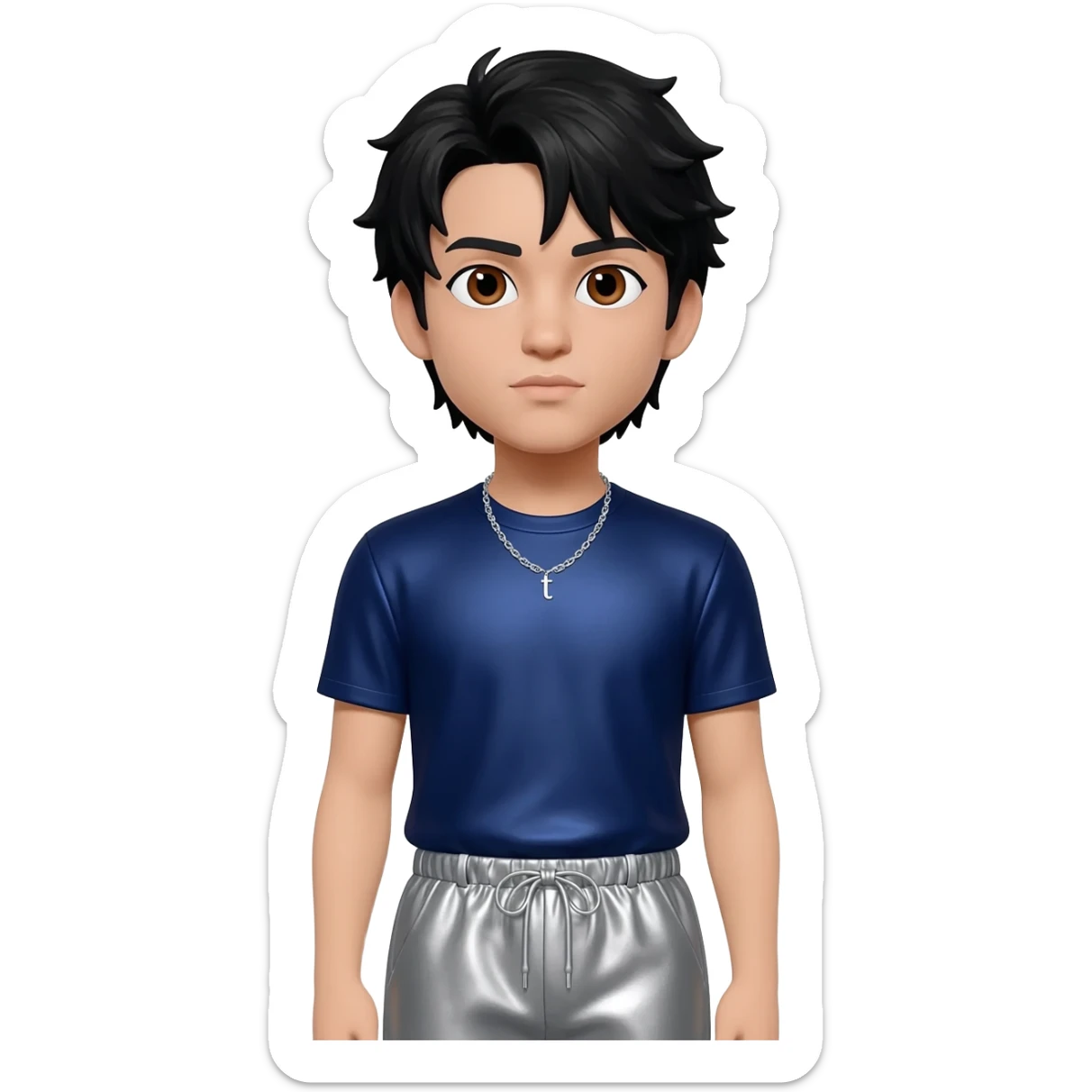 Drake with brown eyes, black hair, navy blue metallic t-shirt, gray metallic baggy pants, silver necklace sticker