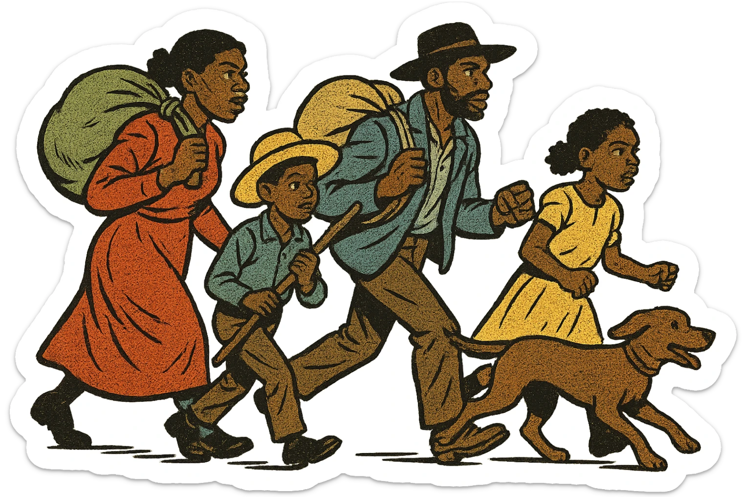 The full bodies of a black American family of mother, father, two children and their dog taking part in the Exoduster movement in 1879.  sticker