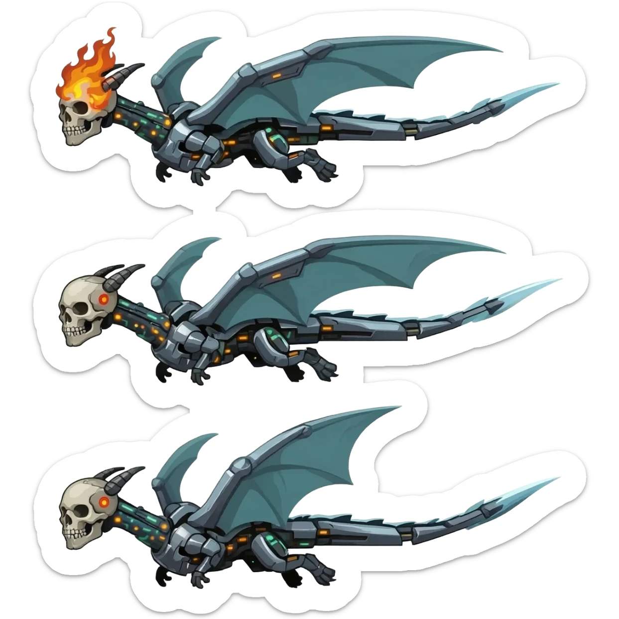 A sprite sheet of a cybernetic dragon with a burning skull head, show all 3 stages of him flying with no back ground, show the 3 stages of him flying in a row, with changing wing positions for each stage of flying, all 3 must be pointing right sticker