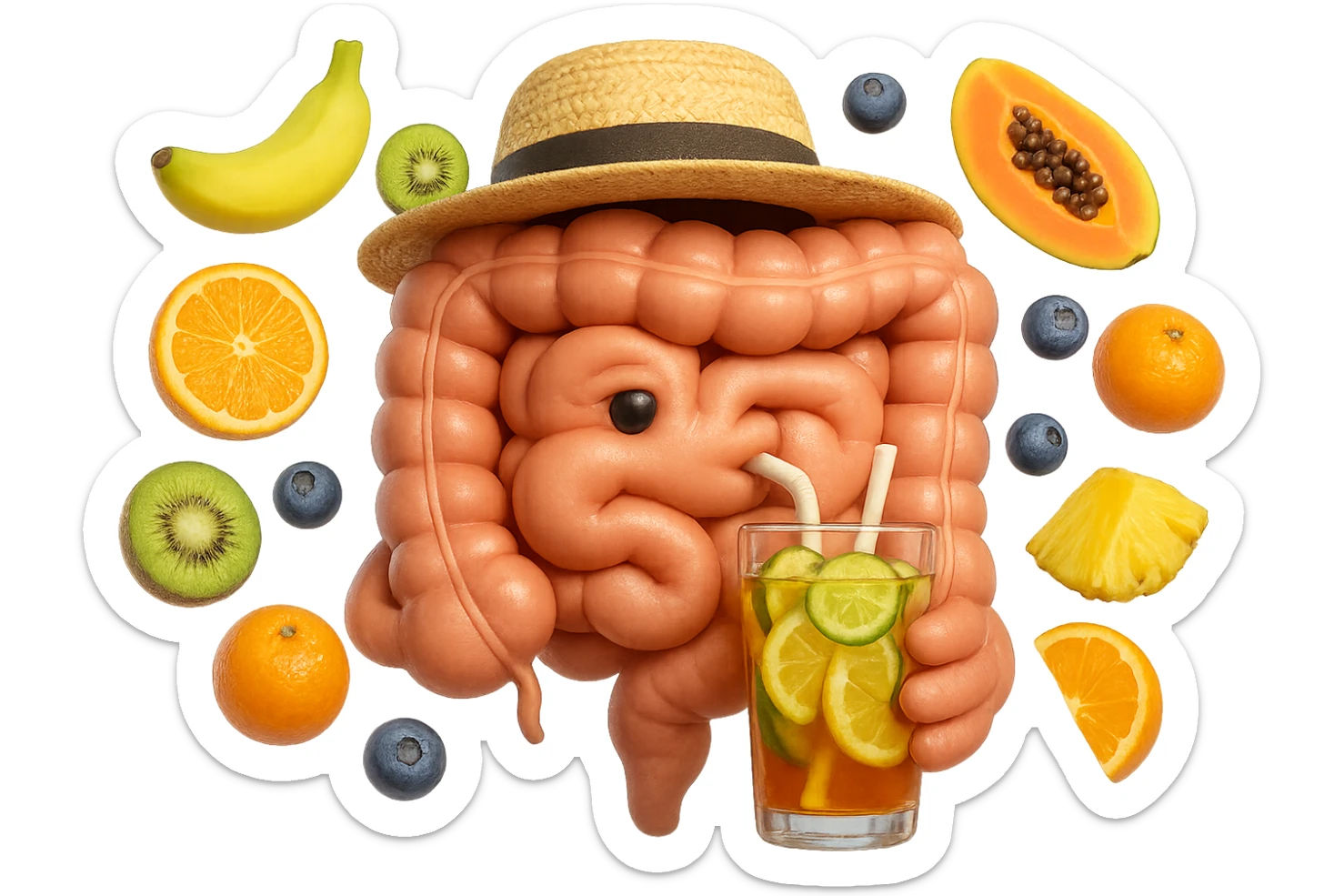 EMOJI STILE IPHONE DI INTESTINO UMANO REALISTICO CON CAPPELLO DI PAGLIA DA SPIAGGIA CHE BEVE UN Tè FREDDO IN BICCHIERE DI VETRO CON DENTRO  fette di cetriolo, limone, lime, DIETRO L'INTESTINO FLUTTUANO PEZZETTI DI Kiwi
Banana acerba
Arance e mandarini
Mirtilli
Ananas
Papaya
IPERREALISTICO 4K sticker