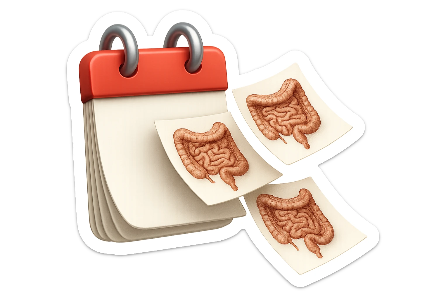 emoji stile iphone di un calendario con fogli che volano insieme, sui fogli ci sono disegnati degli intestini anatomici, iperrealistico 4k, isolato su sfondo bianco sticker