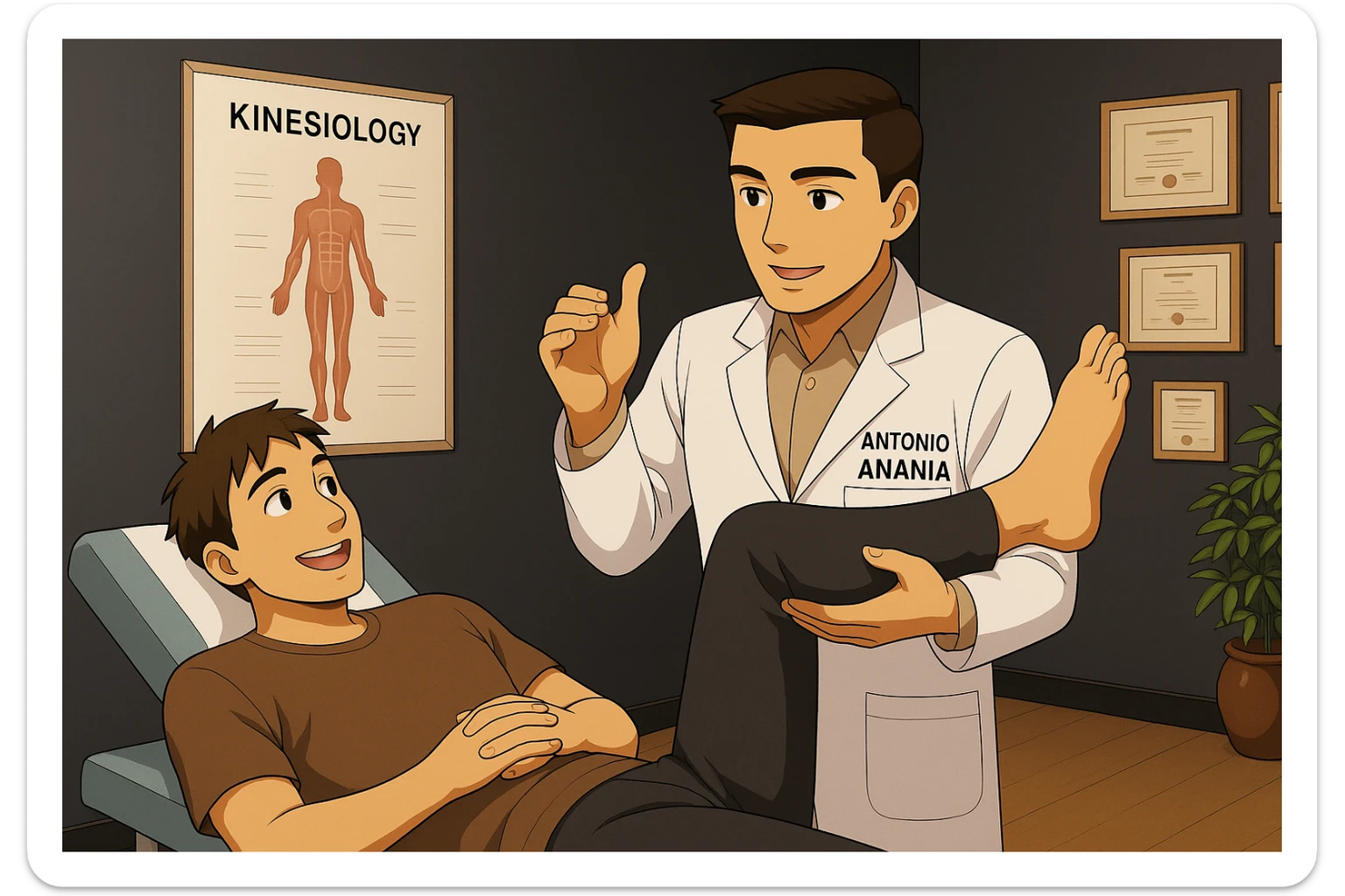 su questo lettino rappresenta un webtoon manga a colori con questo stile, in cui un uomo è steso sul lettino medico e il kinesiologo con il camice bianco (fagli anche la scritta "ANTONIO ANANIA" SUL CAMICE, gli solleva una gamba per fargli il test neuromuscolare, IL KINESIOLOGO SPIEGA ALL'UOMO UNA cosa mentre gli alza la gamba. l'espressione dell'uomo è felice e soddisfatta, non fare i fumetti però, fai solo in modo che sembri stiano parlando sticker