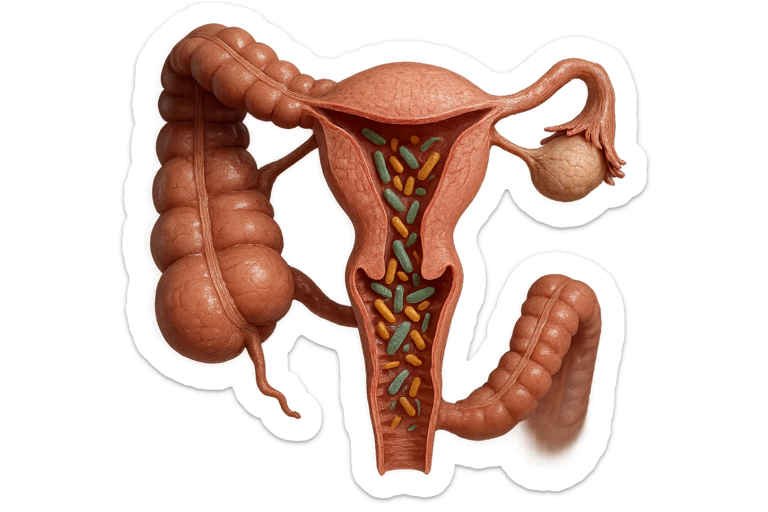 UTERO UMANO E INTESTINO ANATOMICI REALISTICO CON BATTERI CHE ESCONO DALL'INTERNO, IPERREALISTICO 4K sticker