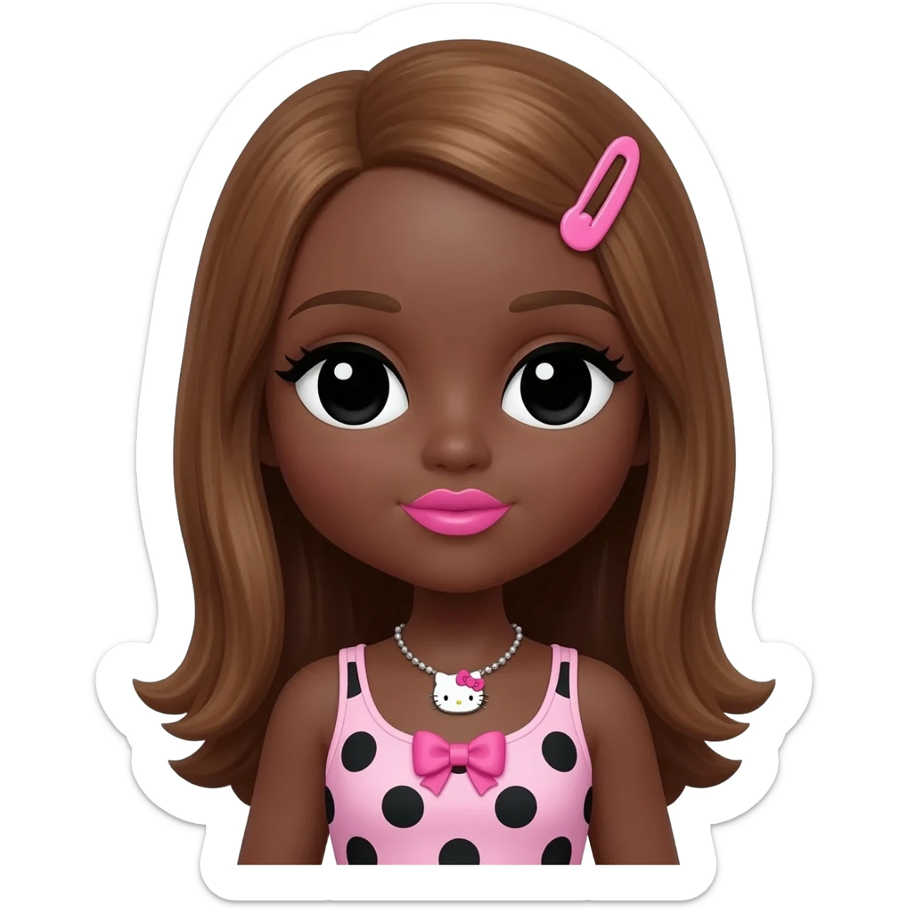 my melody hairclip, Doll faced shaped, hello kitty necklace, bimbo, black doll eyes, Big lips barbie, long dark brown skin with honey brown hair, bimbocore outfit light pink and black polkadots tank top with designed pink bow on it sticker