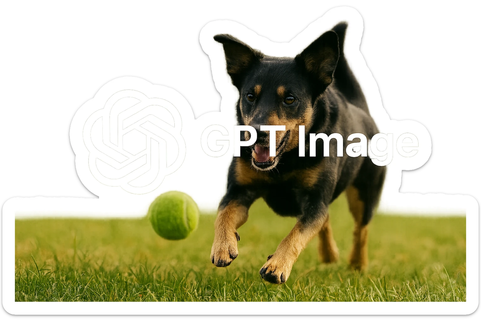 logo of chat gpt with text "GPT Image" on the background of a dog chasing ball, realistic image sticker