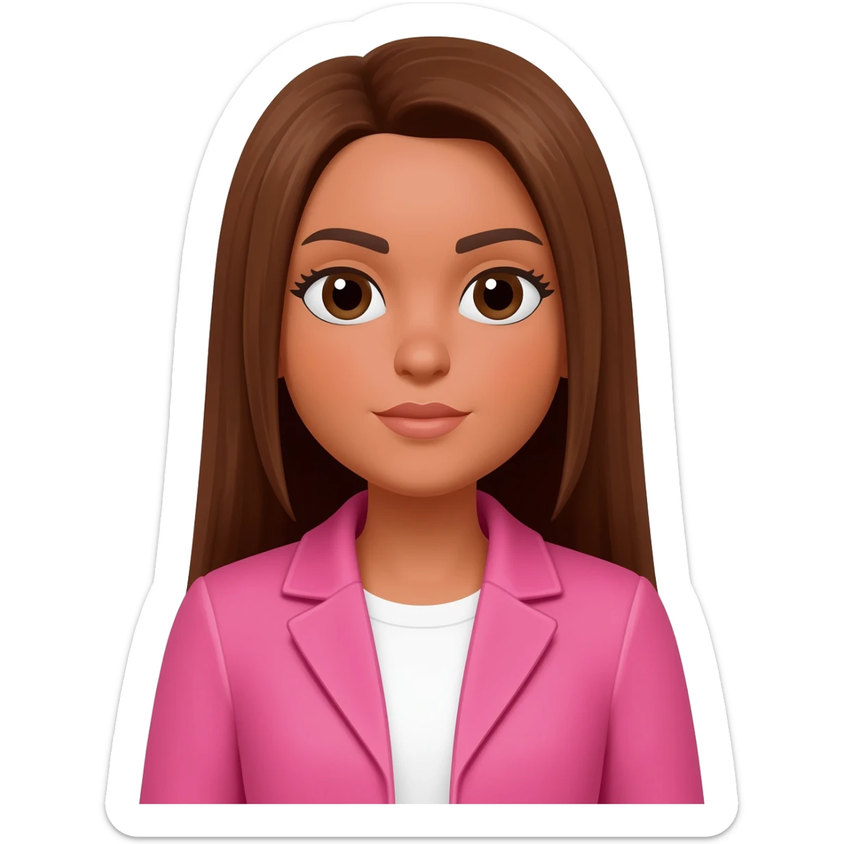 Create a woman with long straight brown hair, light brown skin, pink jacket and white shirt sticker