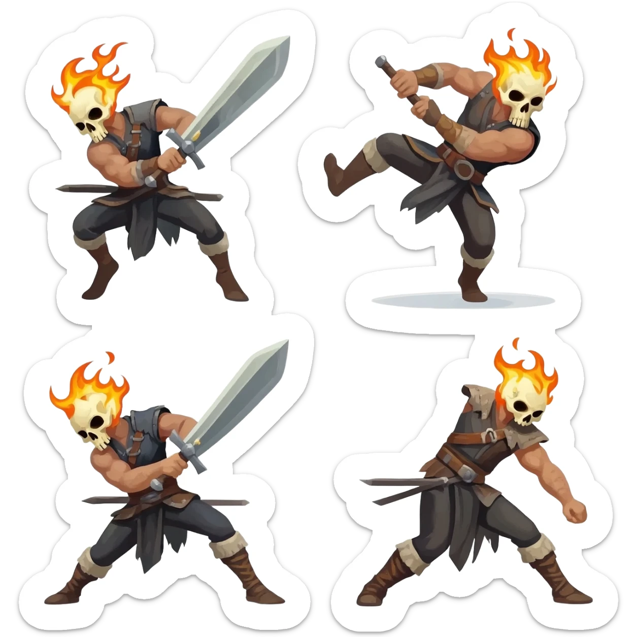 A 4 stage sprite sheet of a man with a burning skull head, show the 4 stages of him swinging his large sword sticker