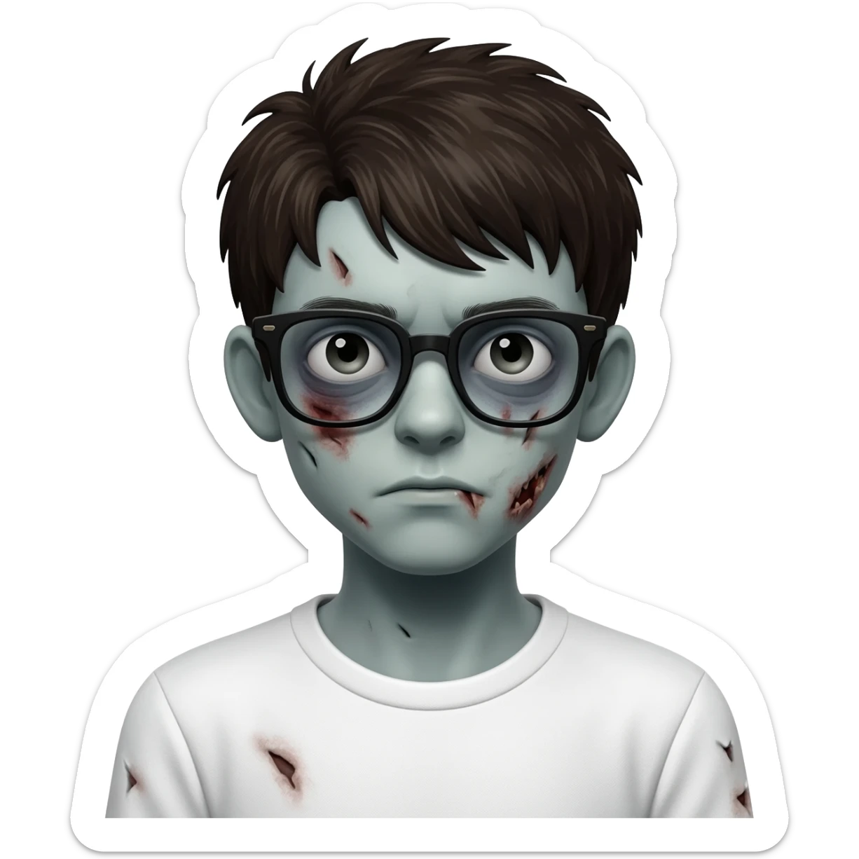 zombie boy with white tshirt and black brownish hair and with black glasses frames on hair is texturized sticker