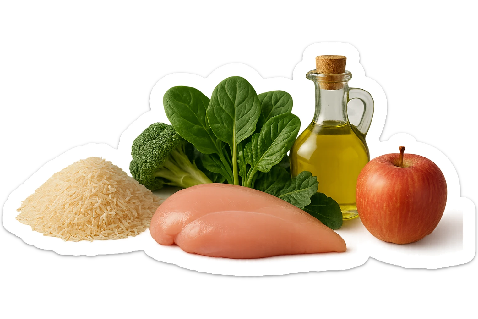 Riso basmati
Petto di pollo
Verdura fibrosa verde
Olio EVO
Mela
vista frontale, iperrealistico 4k sticker