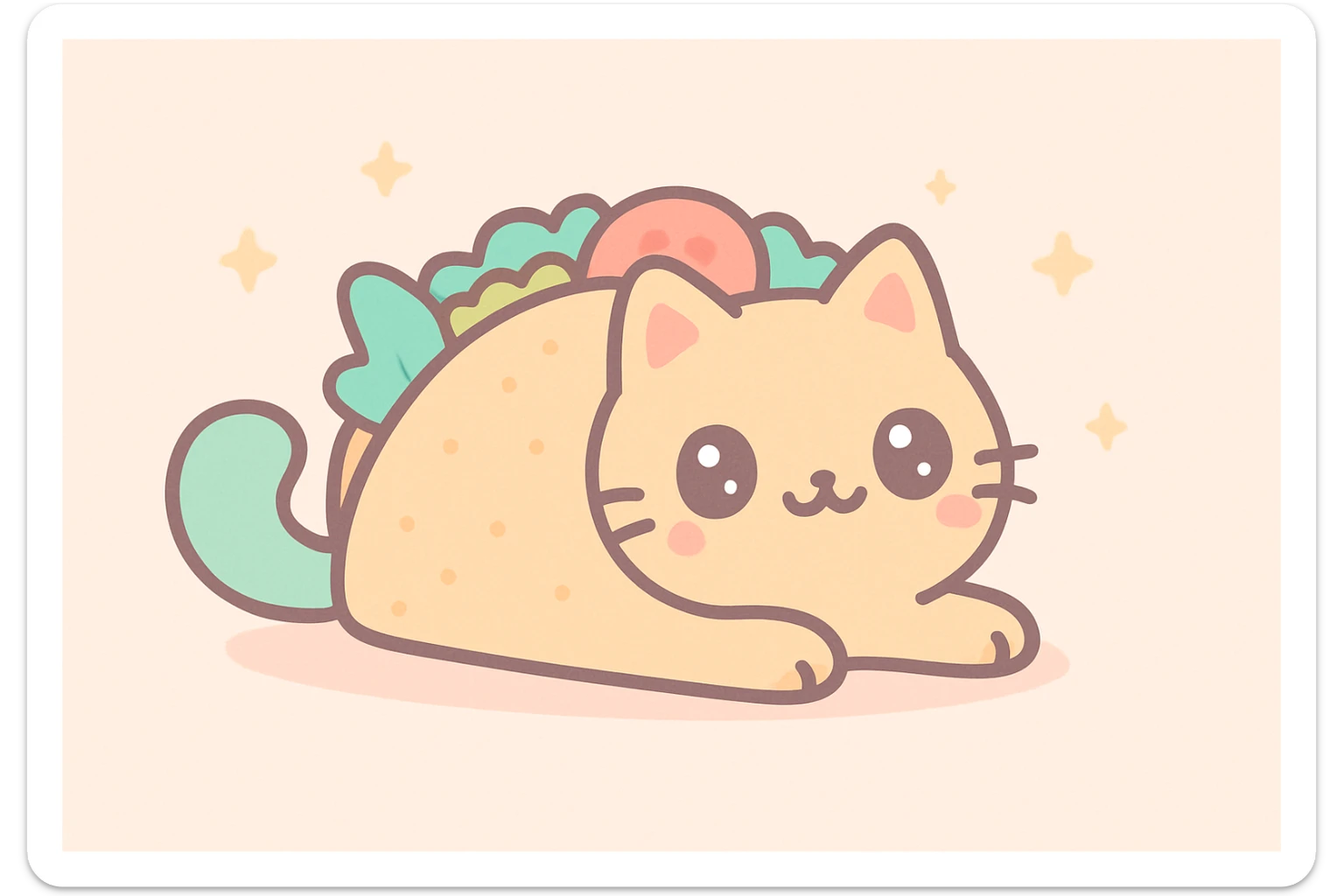 a taco cat lounging, taco shell as body, fluffy tail, pastel colors, kawaii style sticker