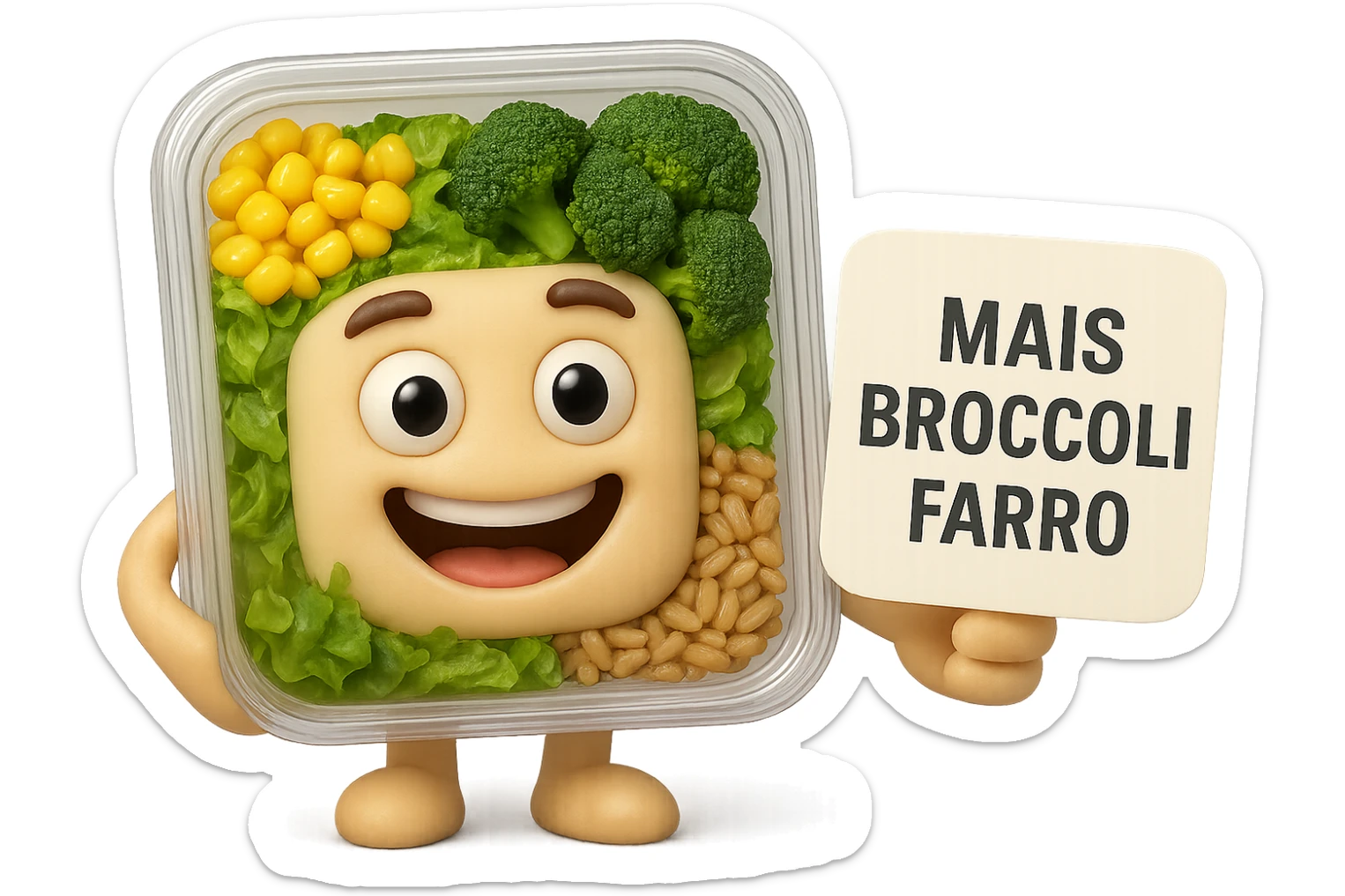 SU QUESTO STILE FAI UN EMOJI STILE IPHONE 3D DI UN INSALATA PRECONFEZIONATA DA SUPERMERCATO CON FOCUS SU ETICHETTA NUTRIZIONALE CON GLI INGREDIENTI IN ITALIANO TIPO: MAIS, BROCCOLI, FARRO, ACCANTO ALL'INSALATA CHE HA IN MANO C'è UN FOCUS SULL'ETICHETTA CON GLI INGREDIENTI SCRITTI, FALLO MOLTO REALISTICO IN 3D sticker