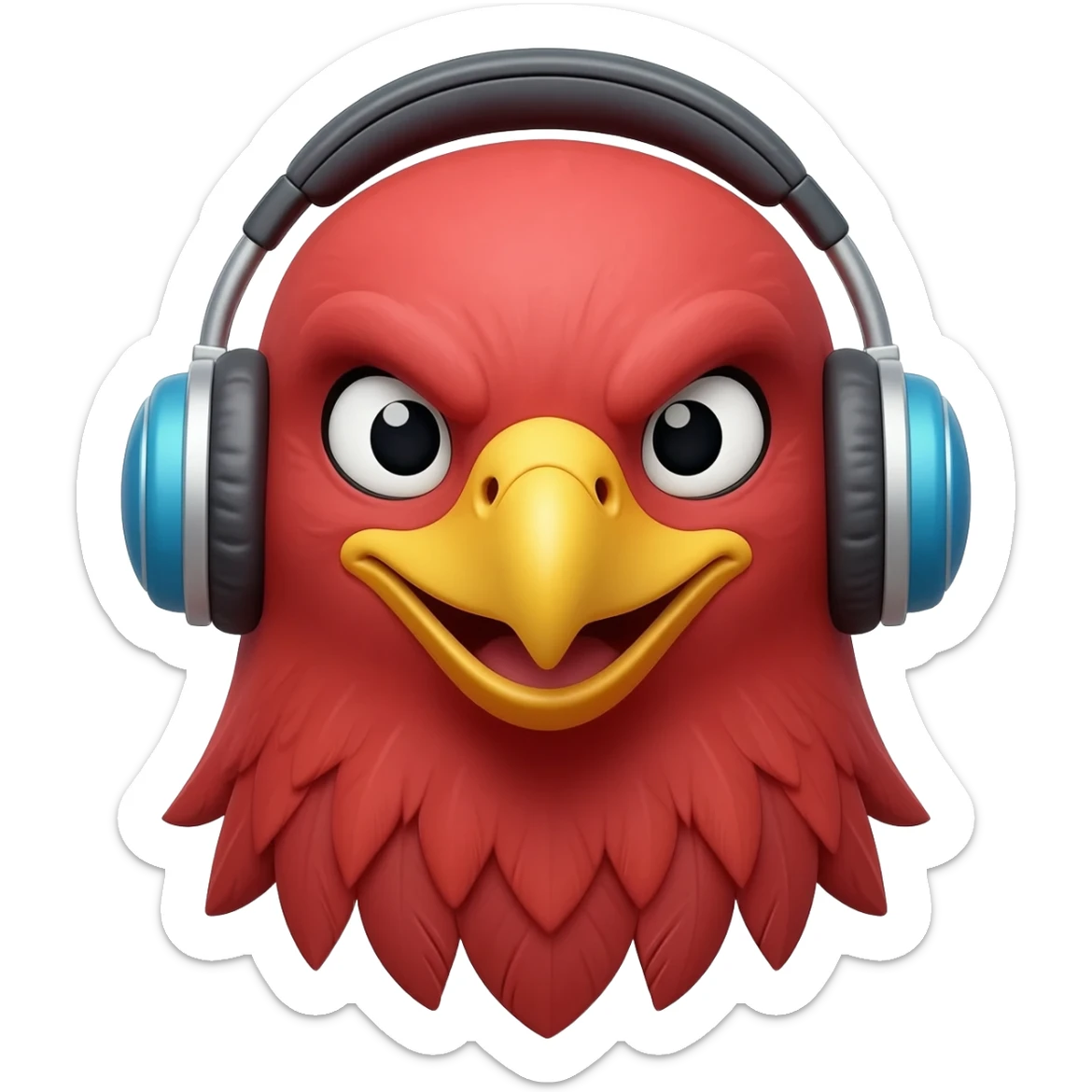Cute 3D emoji of a red eagle head wearing a blue headset, smiling professionally, isolated on white background, cartoon render. sticker