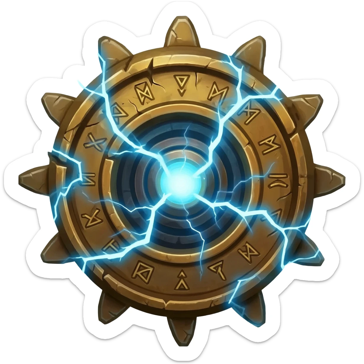 colossal enchanted relic gear rotating with lightning arcs sticker