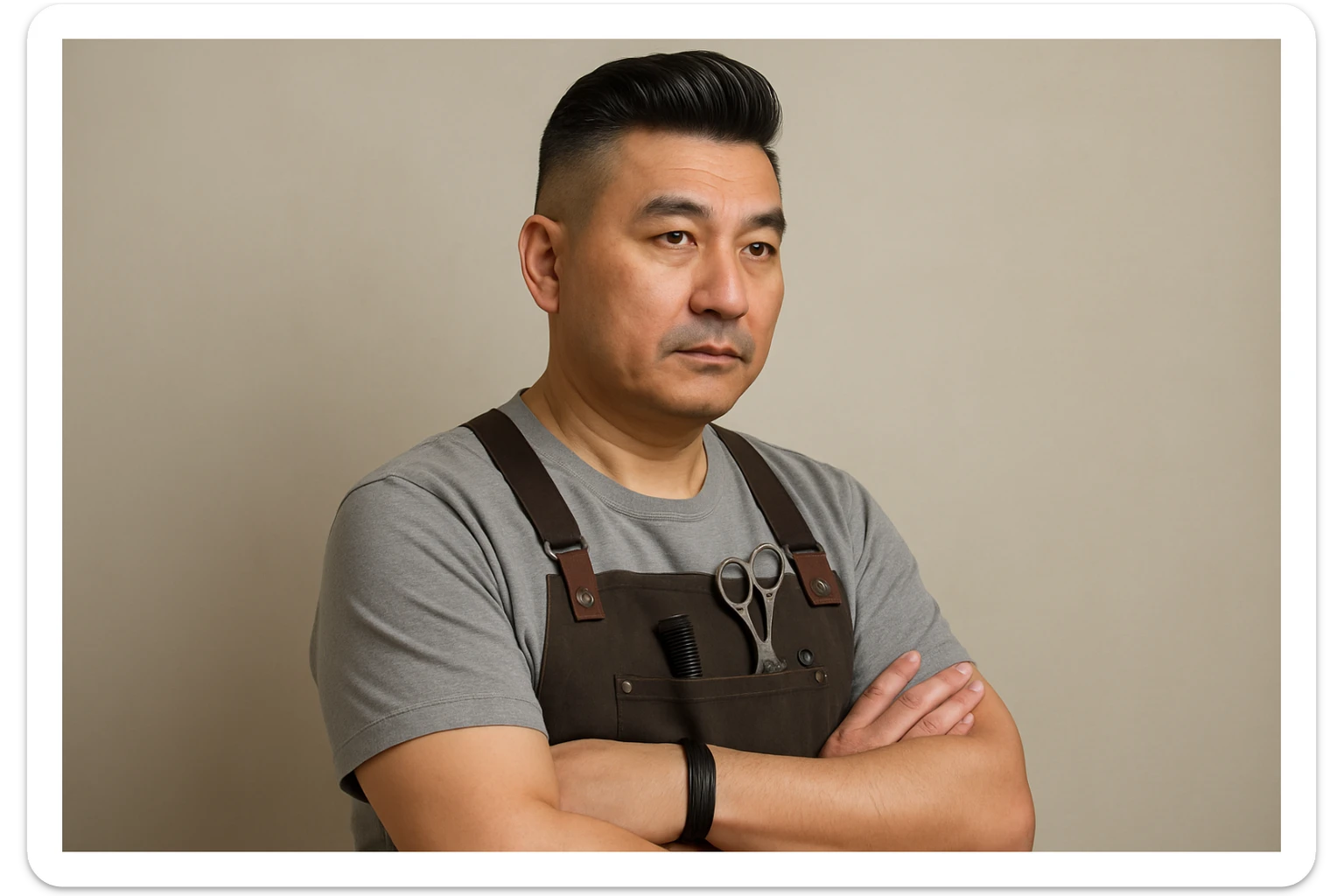 shu pozada turgan faqat o'ng tarafga qarab turgan sartarosh ustani tasvirlab ber realistik uslubda yoshi kattaroq soqol shart emas va uzbekistonlik erkak soch turmagi ham boshqacharoq bo'laversin sticker