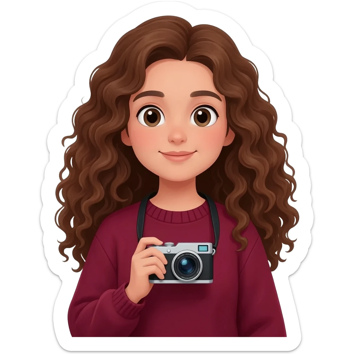 Girl brune bouclés long avec un pull rouge bordeaux avec un appareil photo en main sticker