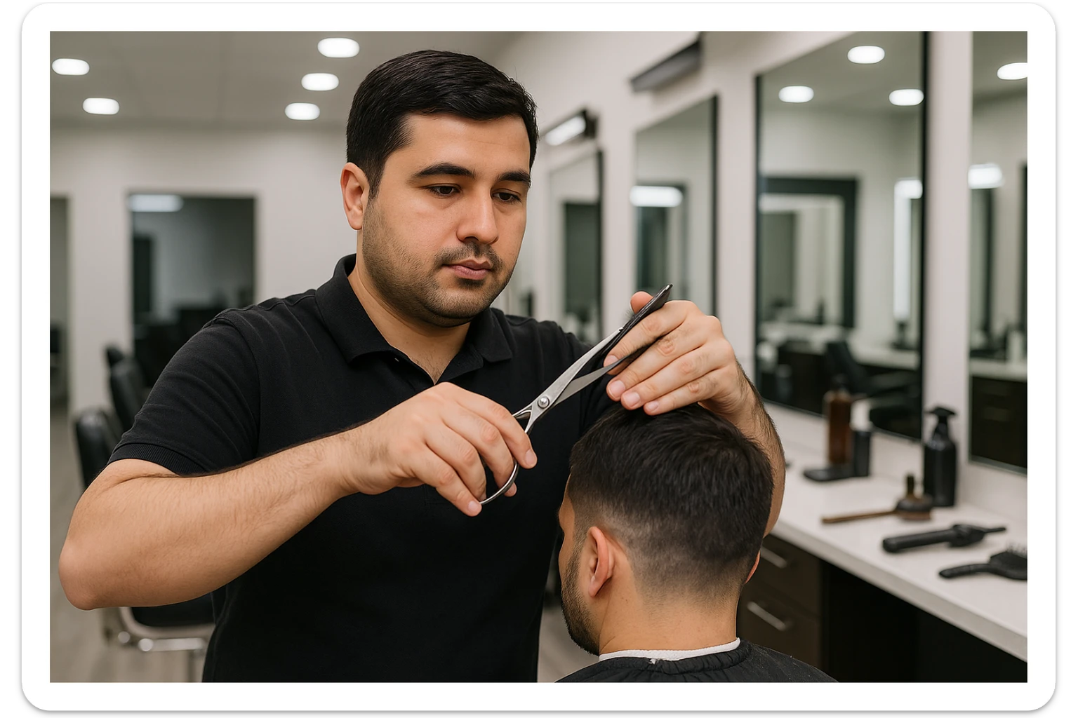 shu odamni sartaroshxonada mijozlarni sochini olayotganin  tasvirlab ber juda yosh ham katta ham bo'lmasin semiz ham bo'lib ketmasin o'smirin davrini yuzi ko'rinmasin sticker