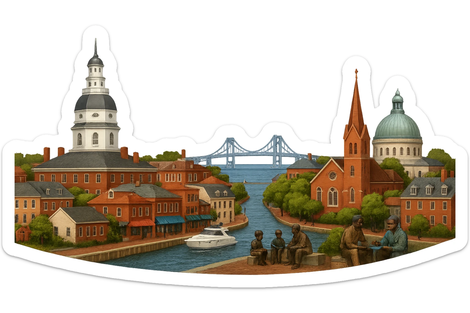cinematic realistic emoji of Annapolis panoramic cityscape with Maryland State House, Naval Academy Chapel, Ego Alley, St. Anne's Church, Kunta Kinte-Alex Haley Memorial, Chesapeake Bay Bridge in the distance, lifelike detail, accurate colors, bright daylight, no sky, no clouds, transparent background sticker