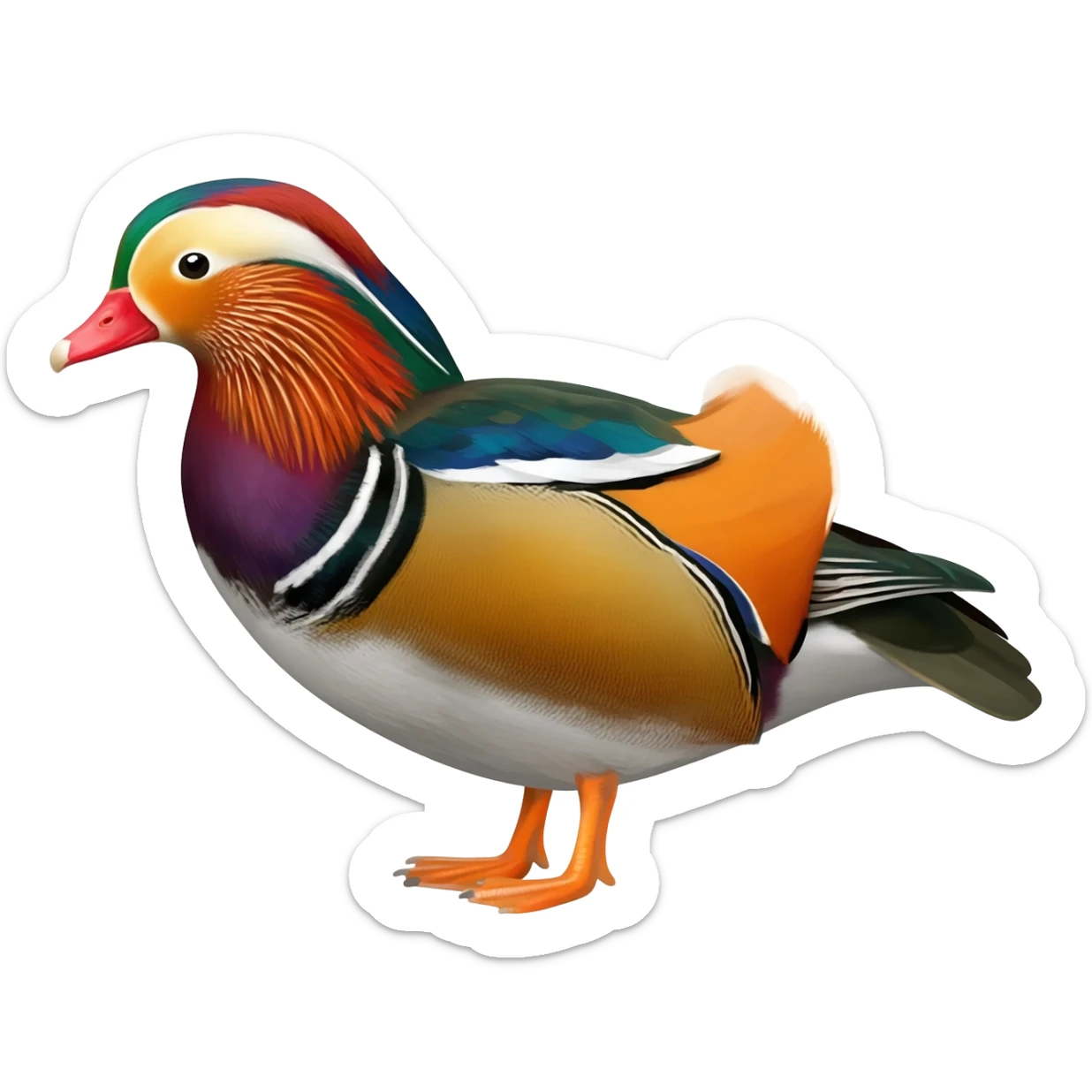 Hyperrealistic, mirco-detailed,  male Mandarin Duck, brightly colored plumage marked by bright orange, green, red, yellow, and bright purple, still life, 4k. No emoji icons, no emoji faces , 8k hd sticker