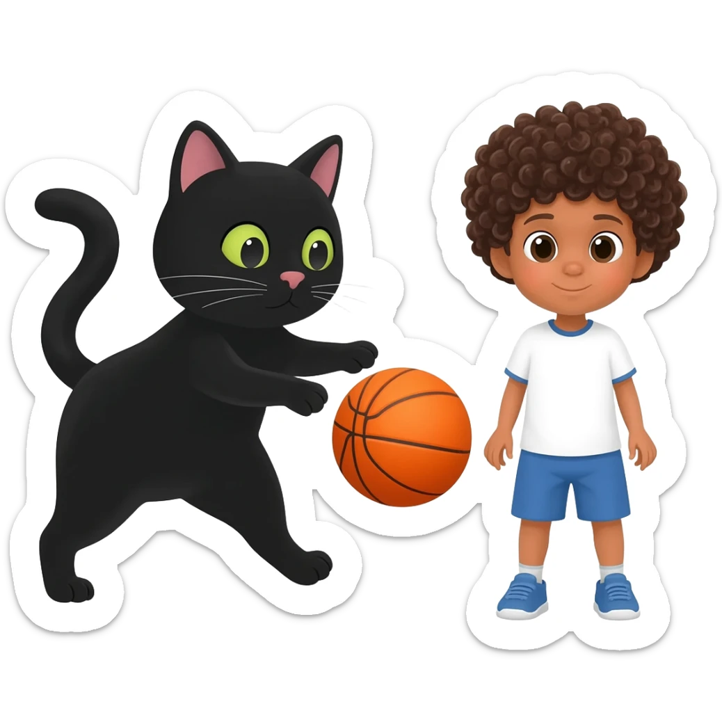 Black cat playing with orange basketball and a little white boy with curly hair sticker