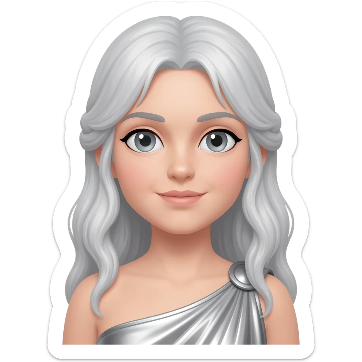 Artemis from Greek Mythology with grey eyes, long silver blonde hair, silver metallic peplos sticker