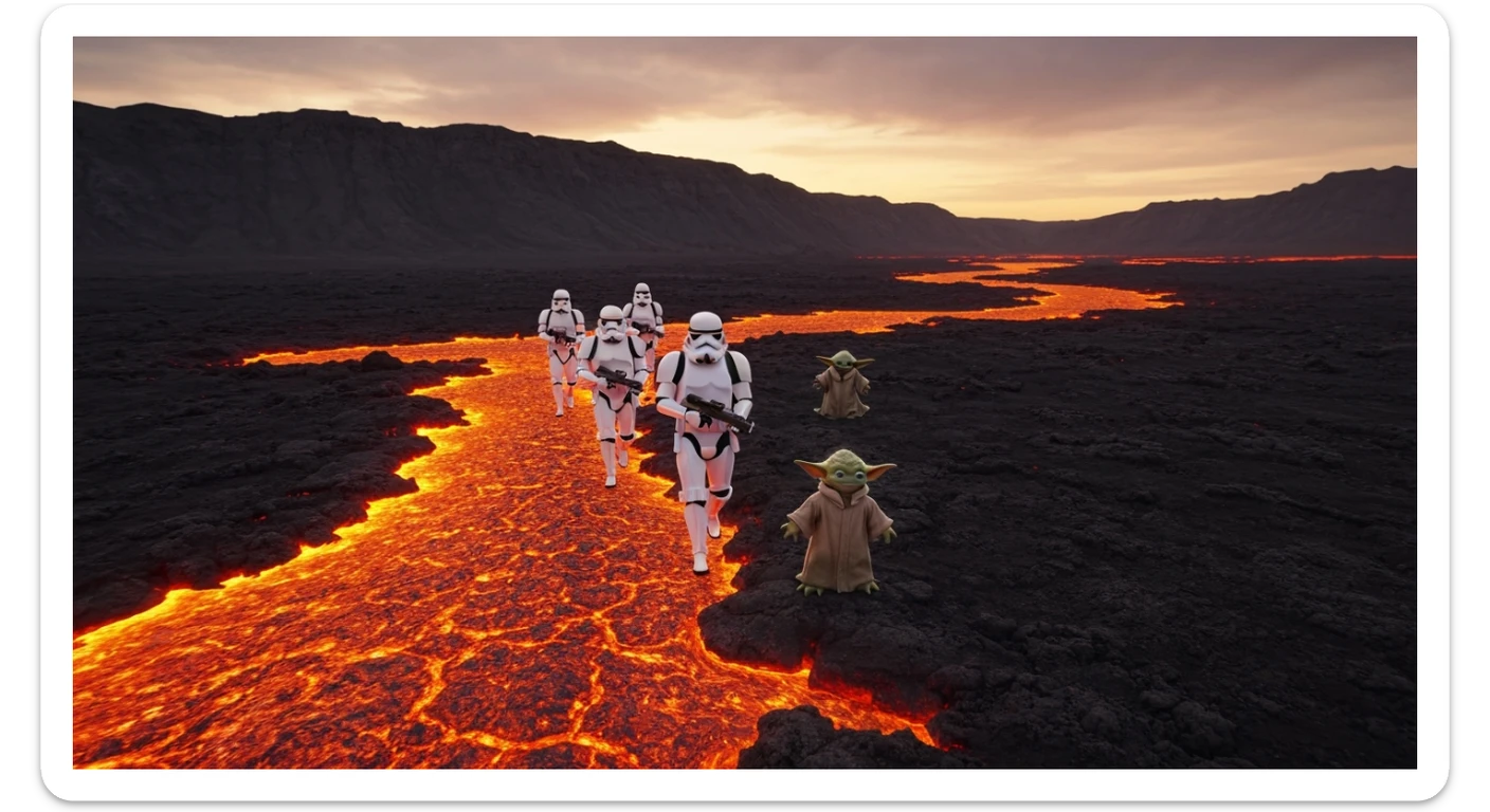 Shot on vlog camera, Starwars stormtroopers is walking on lava planet with yoda sticker