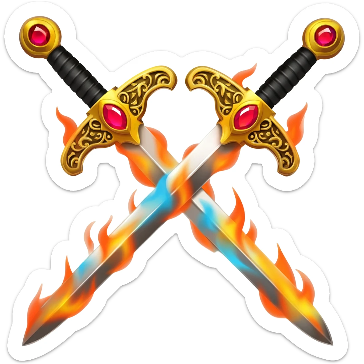 Flaming fully golden crossed swords with red gems sticker