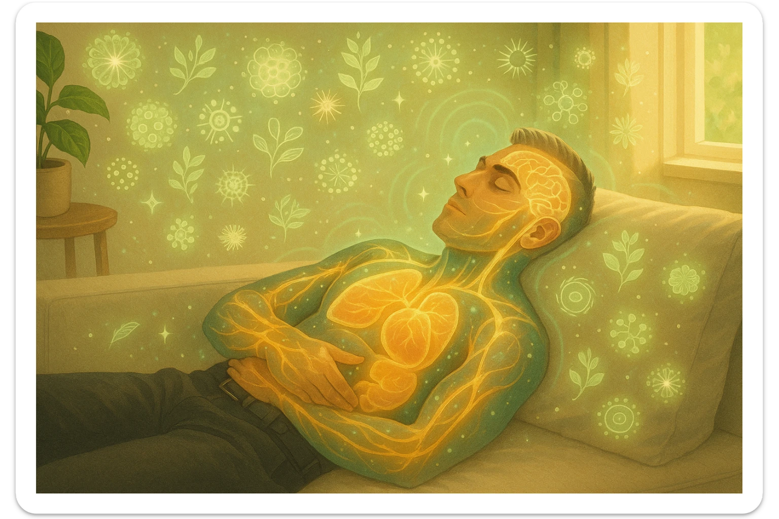 Uomo sdraiato su un divano nel primo pomeriggio, mentre fa un breve riposino. Il suo corpo appare parzialmente trasparente o stilizzato, con luce calda e flussi energetici dorati e verdi che scorrono attraverso muscoli, cervello, e organi. Intorno a lui si vedono piccoli simboli di rigenerazione: cellule che si rinnovano, tessuti che si illuminano, aura rilassata. L'ambiente è calmo e ordinato, luce naturale che entra da una finestra, atmosfera rigenerante, stile realistico con accenti metaforici. sticker