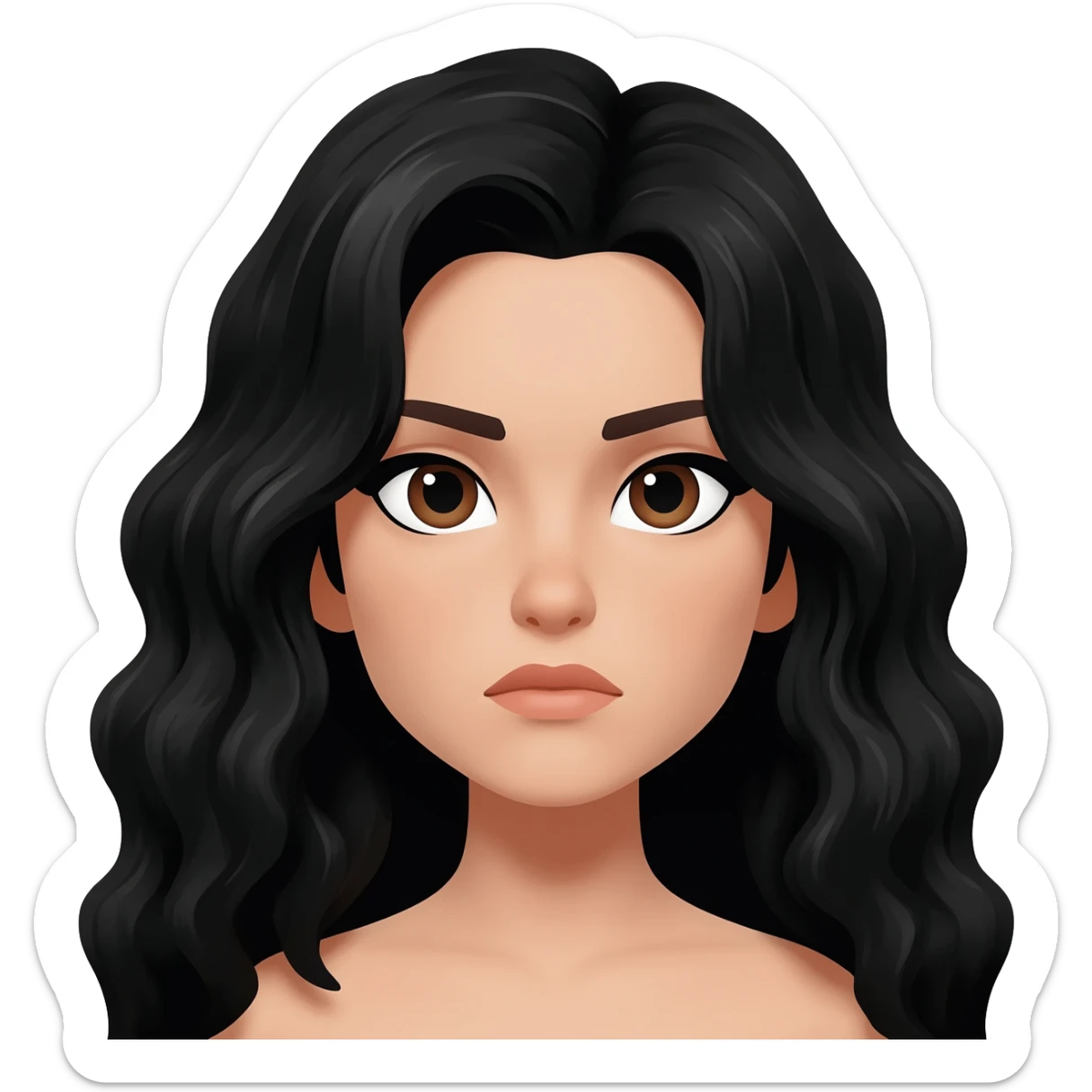 human, black wavy hair, with dark brown eyes, female, serious sticker